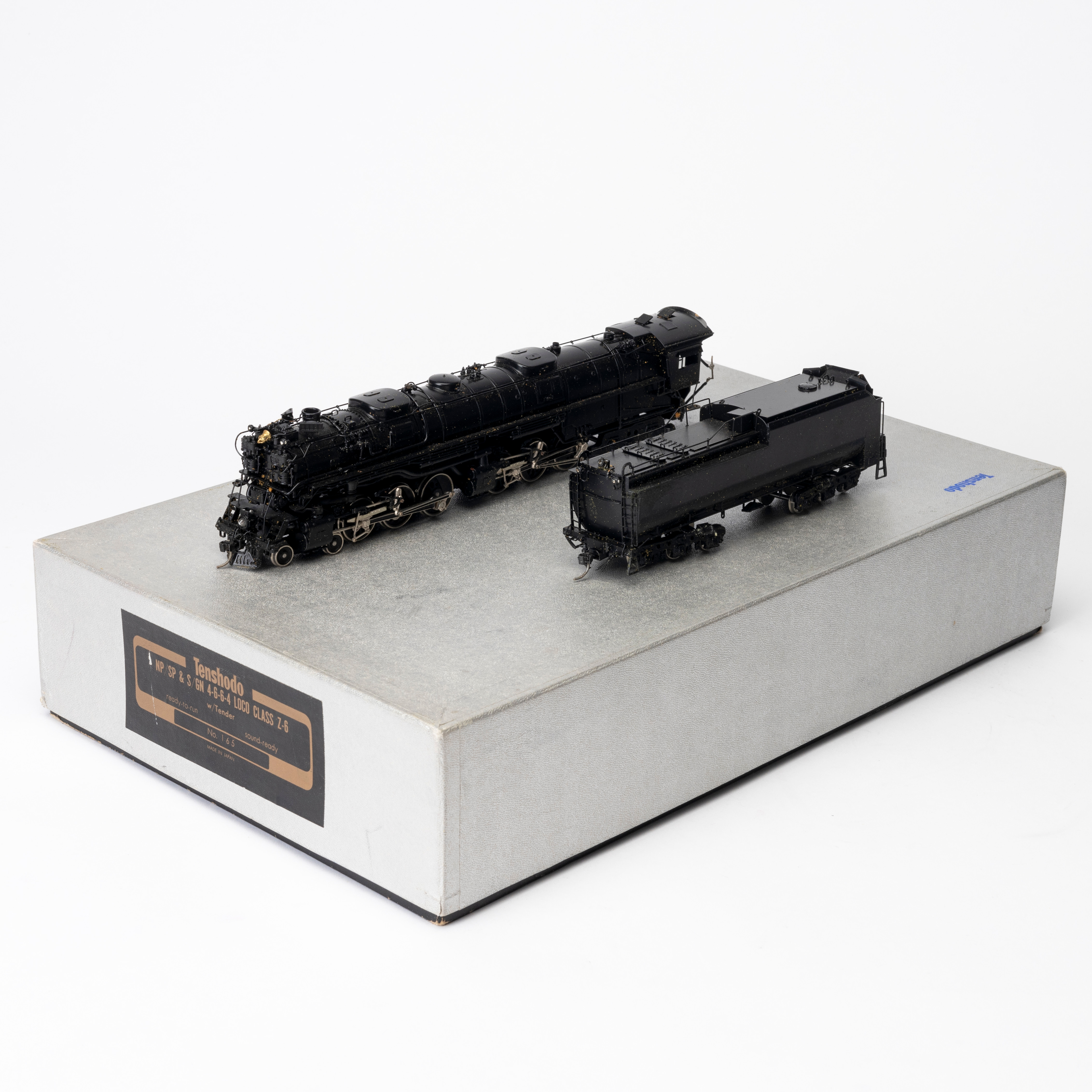 TENSHODO 165 NP, SP&S, GN 4-6-6-4 amerikanskt ånglok med tender, mässing, originalkartong, Japan.