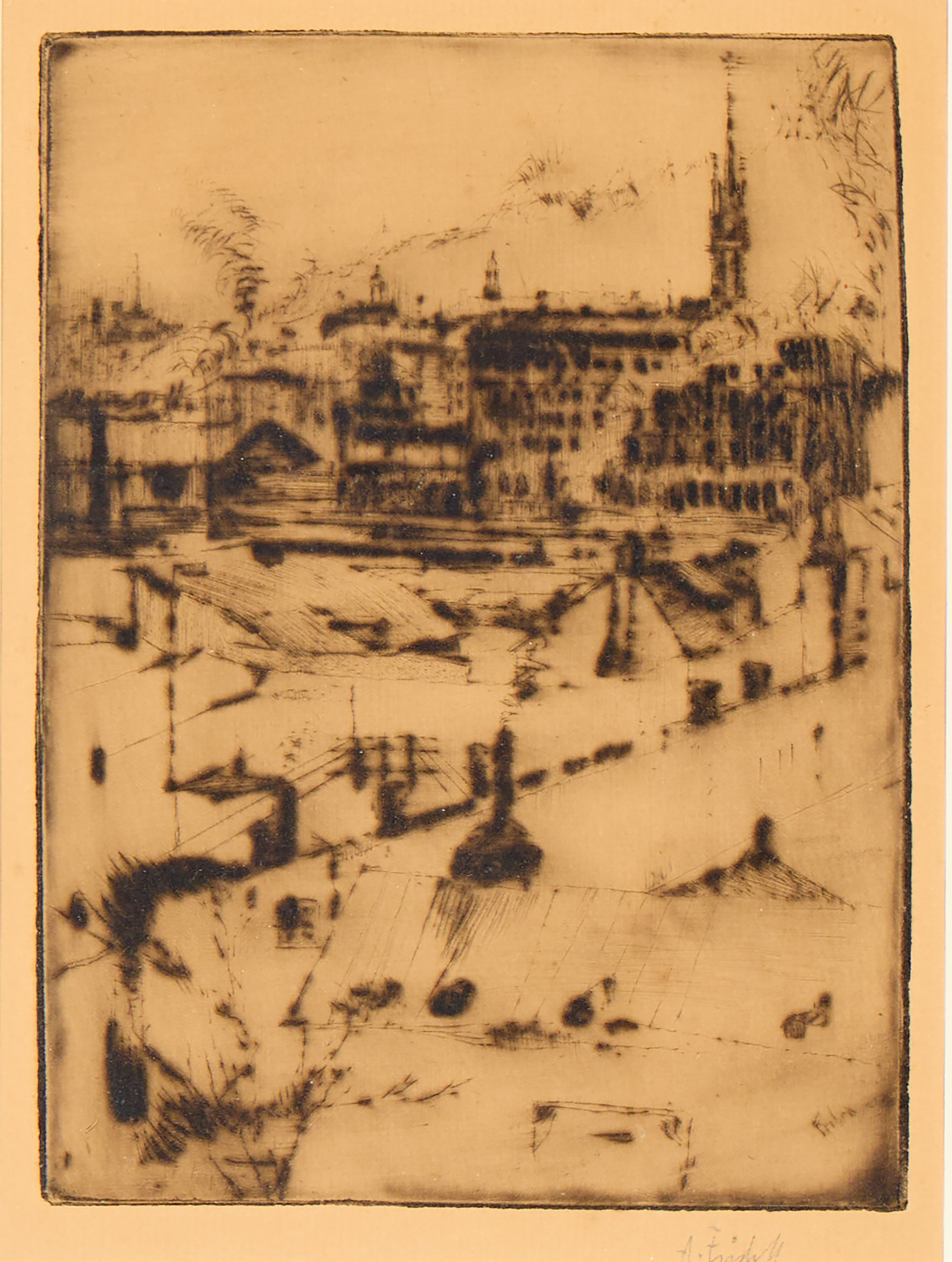 AXEL FRIDELL. "Stockholmsbild med Klara kyrka", II état, Stockholm 1917.