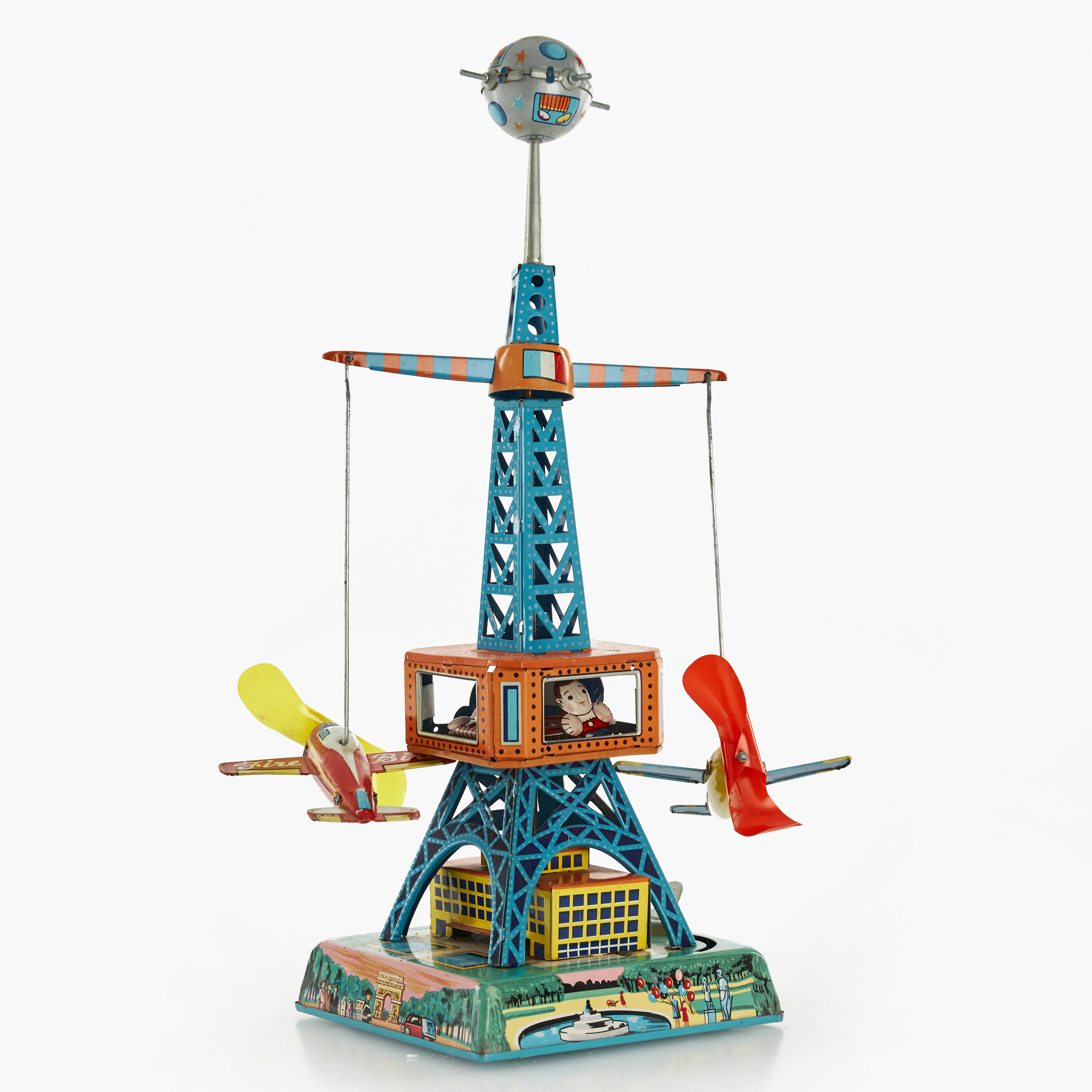 ASAHI TOYS ATC, "Lever Action Plane Tower", litograferad plåt, mekanisk, originalkartong, Japan, 1960-tal.