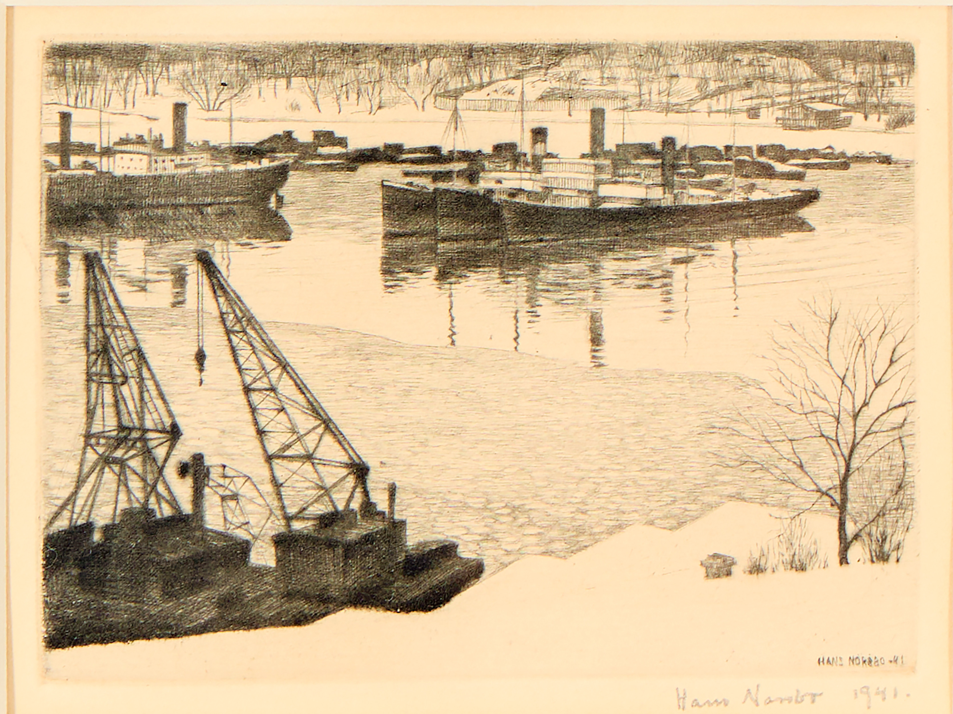 HANS JOHANSON NORSBO. "Båtar och kranar", 1941.