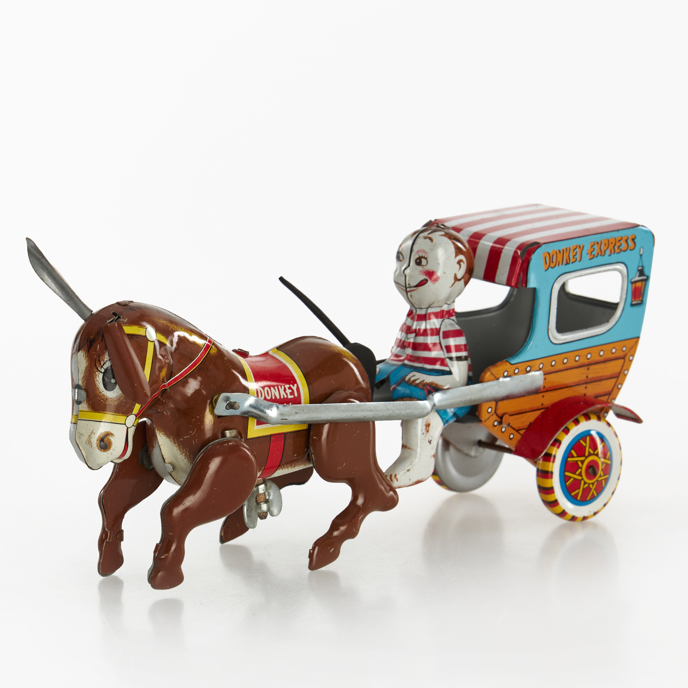 HAJI, "Donkey Express", litograferad plåt, urverk, originalkartong, Japan, 1950-tal.