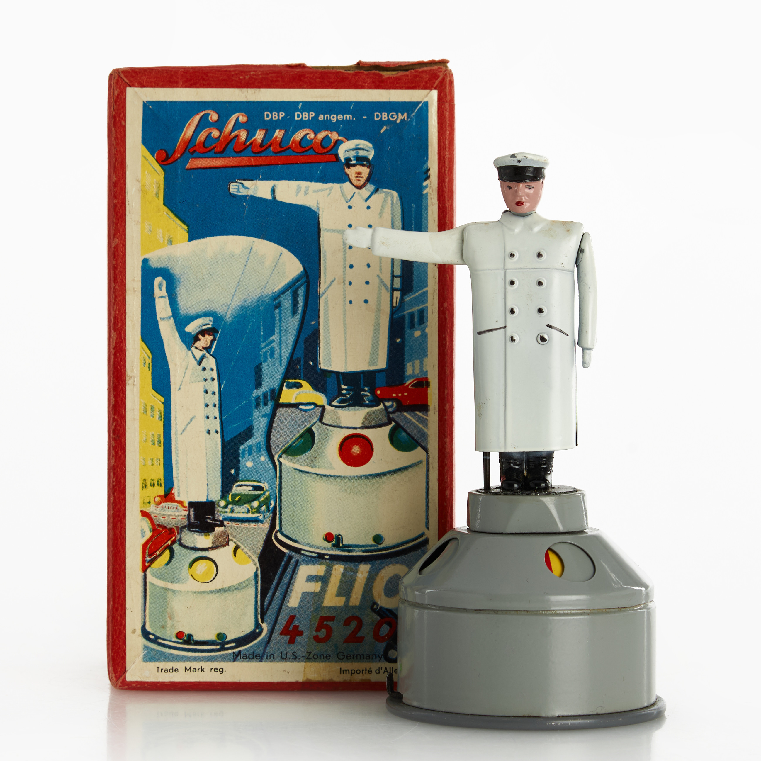 SHUCO, trafikpolis, "Flic 4520", plackerad plåt, urverk, originalkartong, Tyskland, 1950-tal.