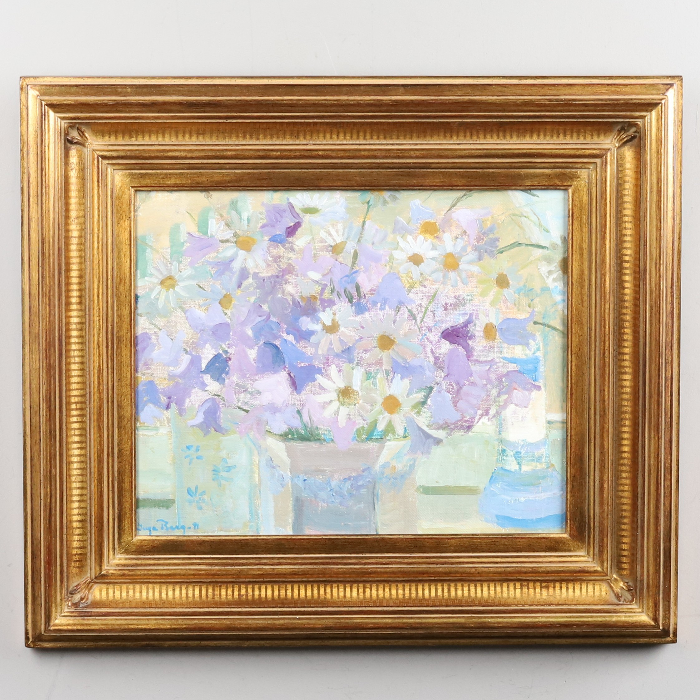 INGA BERG. Olja på duk, "Blomsterstilleben", signerad och daterad -91.