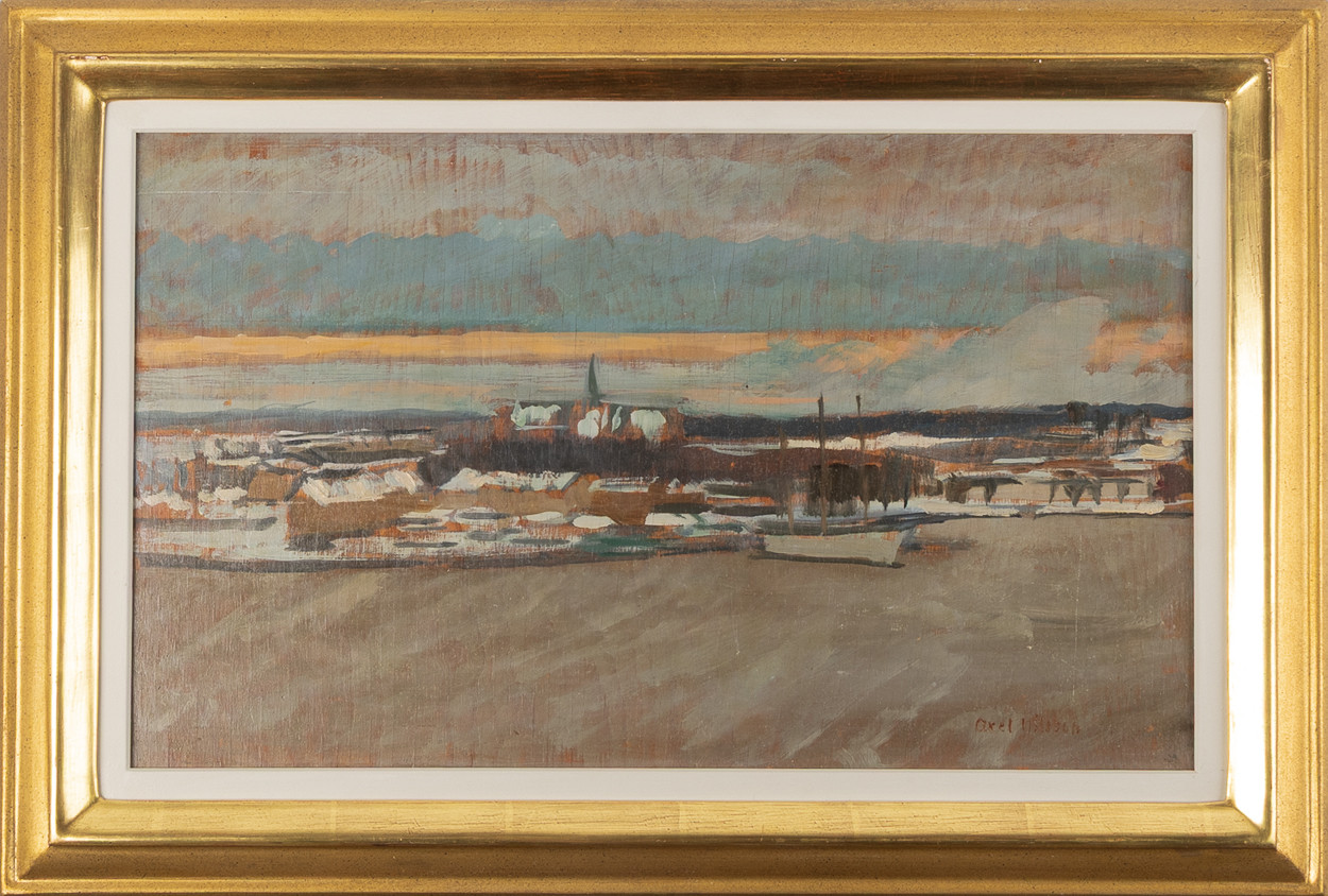 AXEL NILSSON. "Skeppsholmslandet vinter", olja på pannå, daterad signerad och daterad -39.