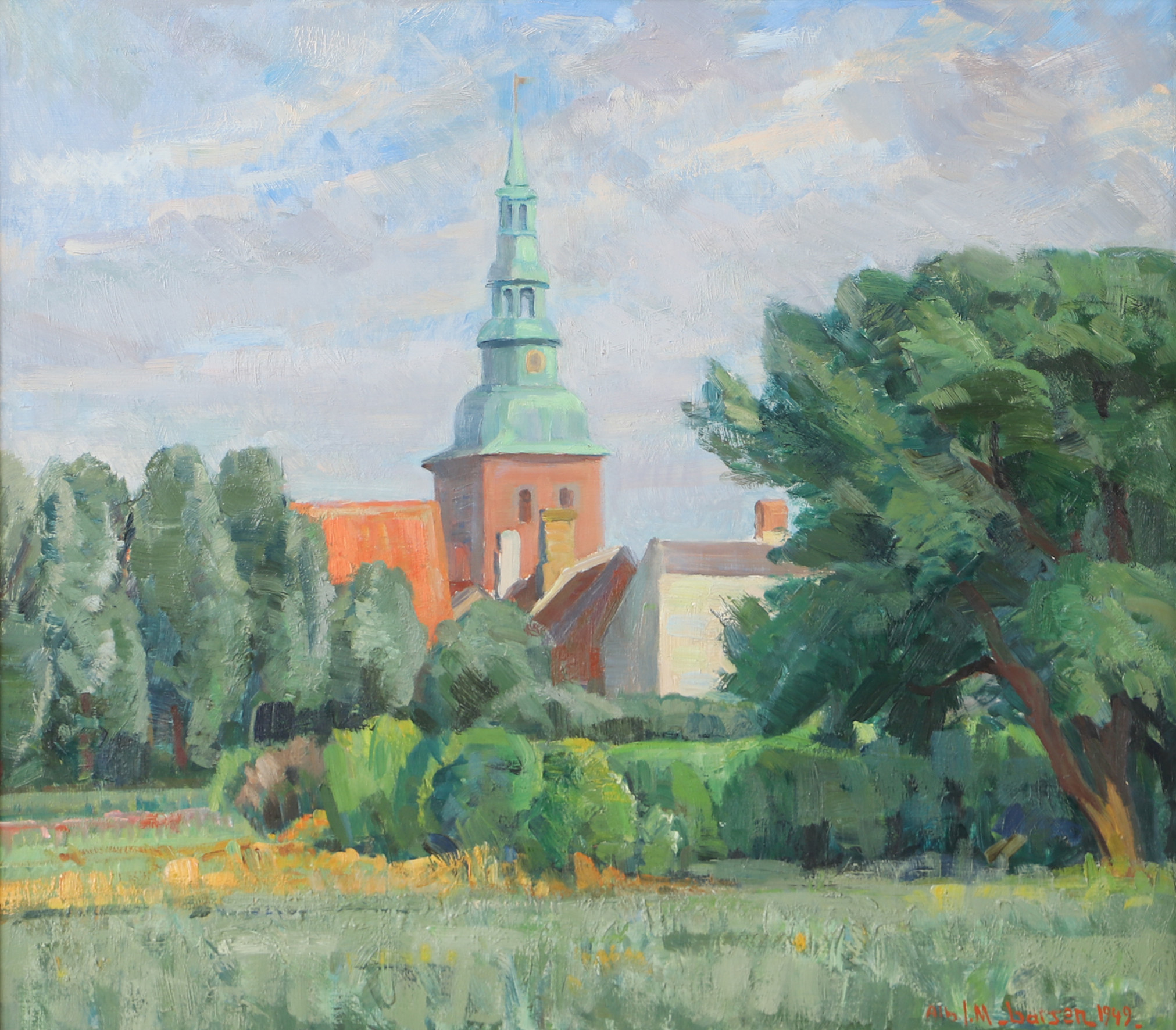 ALBERT LARSEN. Landskap med kyrka, olja på pannå, signerad Alb. I.M. Larsen 1949.
