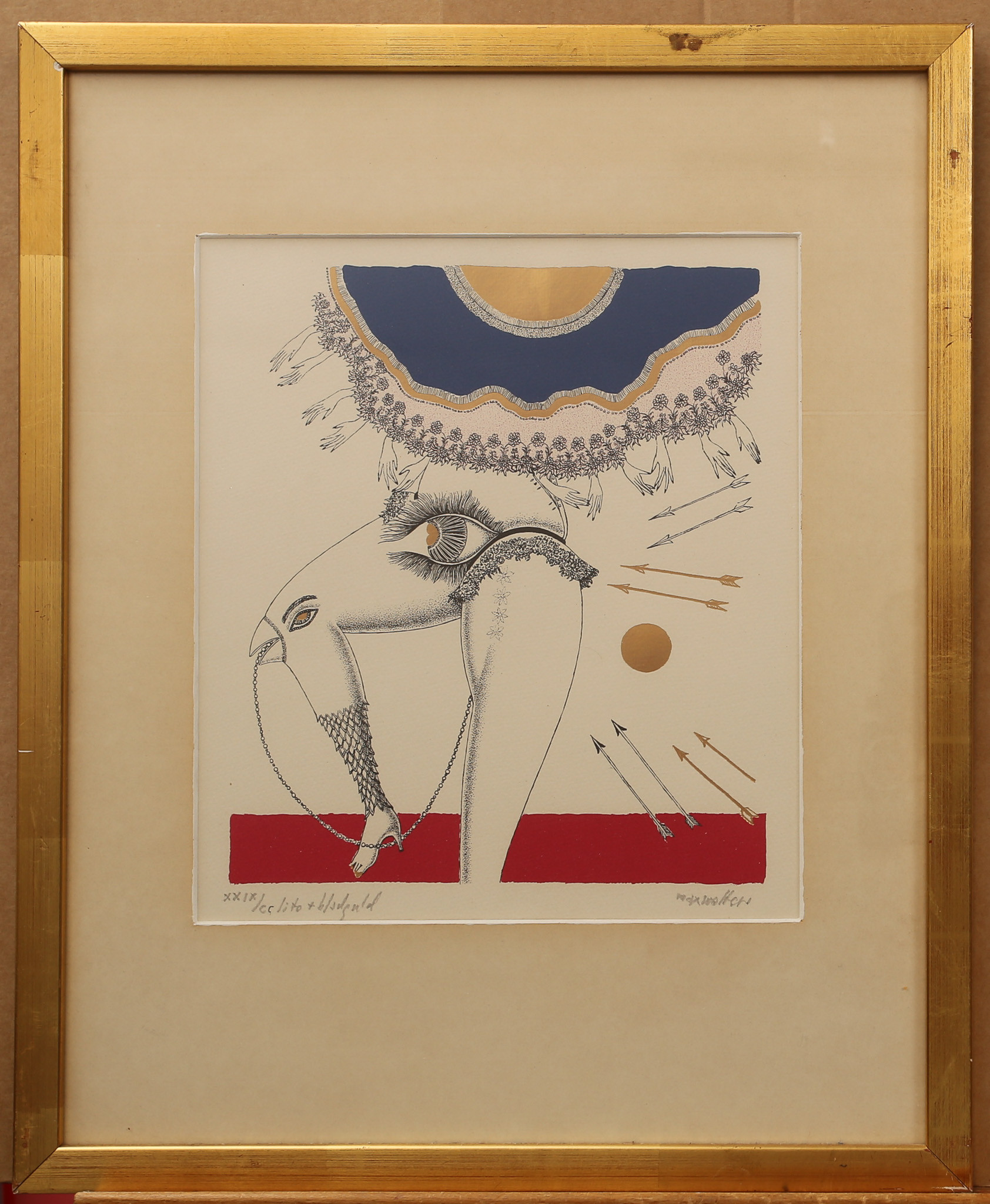 MAX WALTER SVANBERG. Färglitografi med bladguld, komposition med pilar, kvinnokroppsdelar med fågelmotiv, numrerad, signerad.