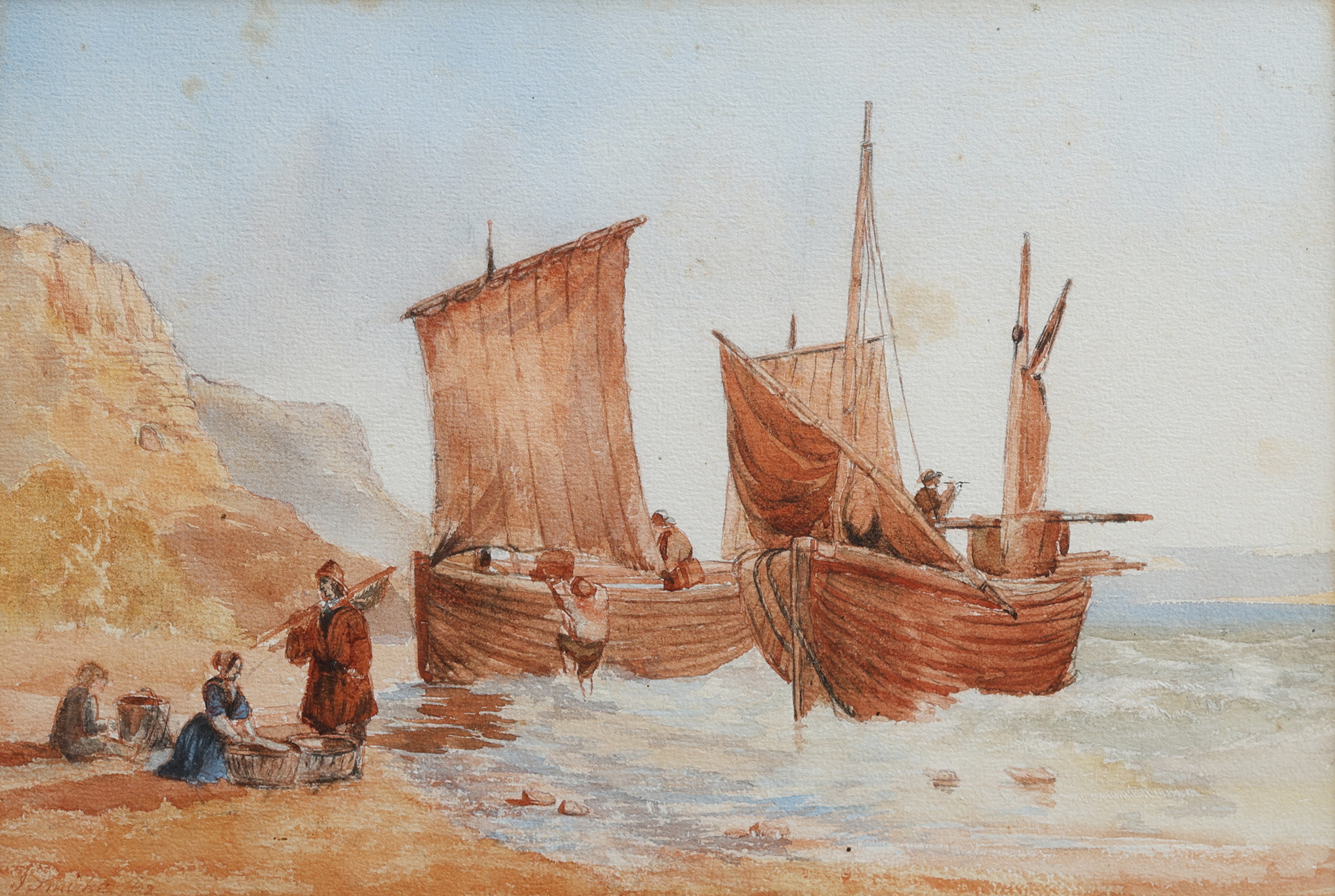 AKVARELL, SIGNERAD J. SMIRKE, fiskebåtar i strandbrynet.