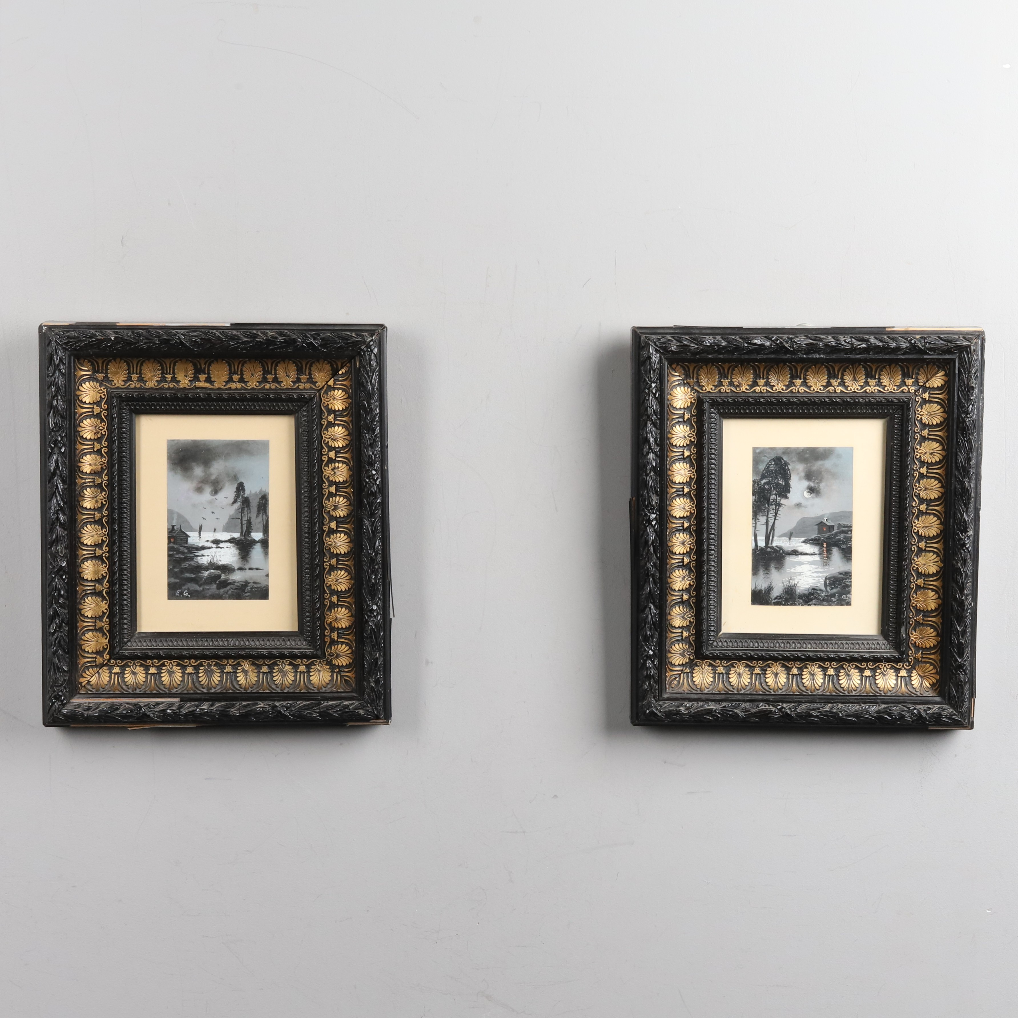 EMIL GUSTAFSSON. AKVARELLER, 2st, "månsken över sjön" signerad.