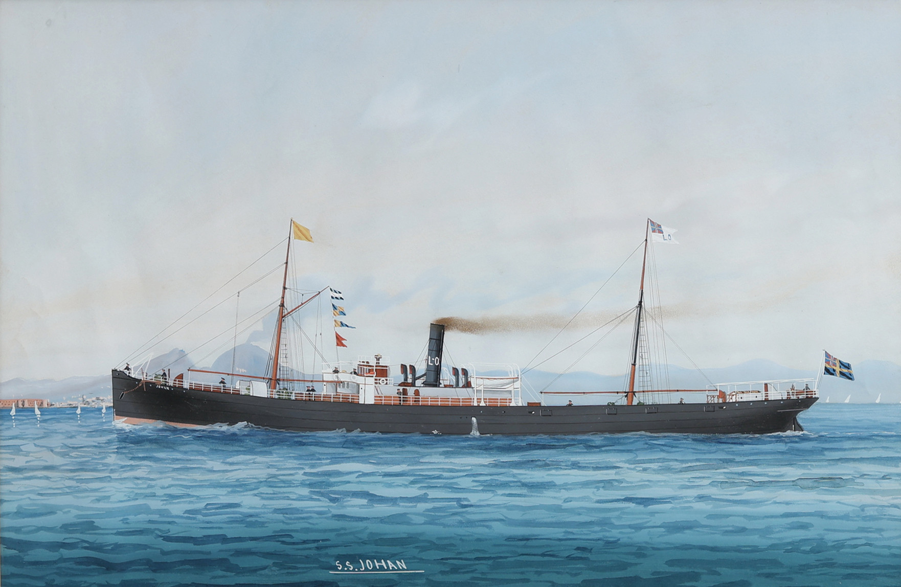 SKEPPSPORTRÄTT MED NEAPELBUKTEN OCH VESUVIUS, SANNOLIKT NÅGRA ÅR FÖRE UTBROTTET 1906, "S.S. JOHAN", gouache/akvarell.