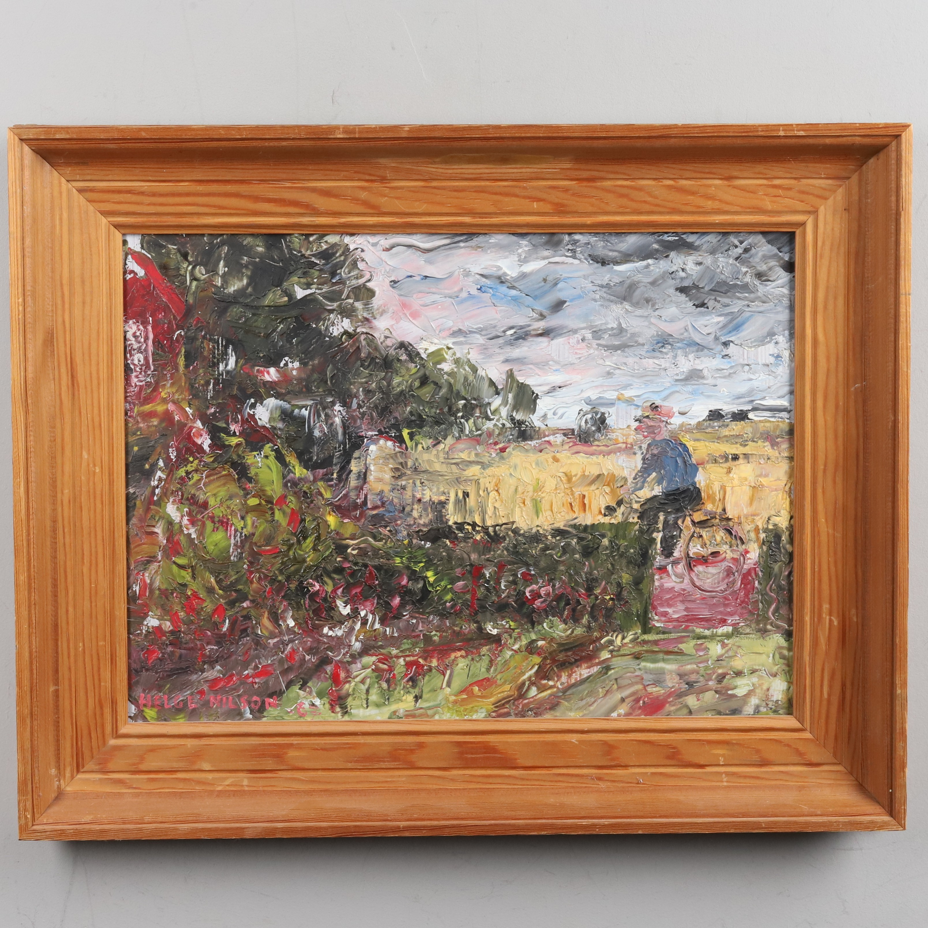 HELGE NILSON. OLJA PÅ PANNÅ, "Cykeltur i landsbygd", signerad.