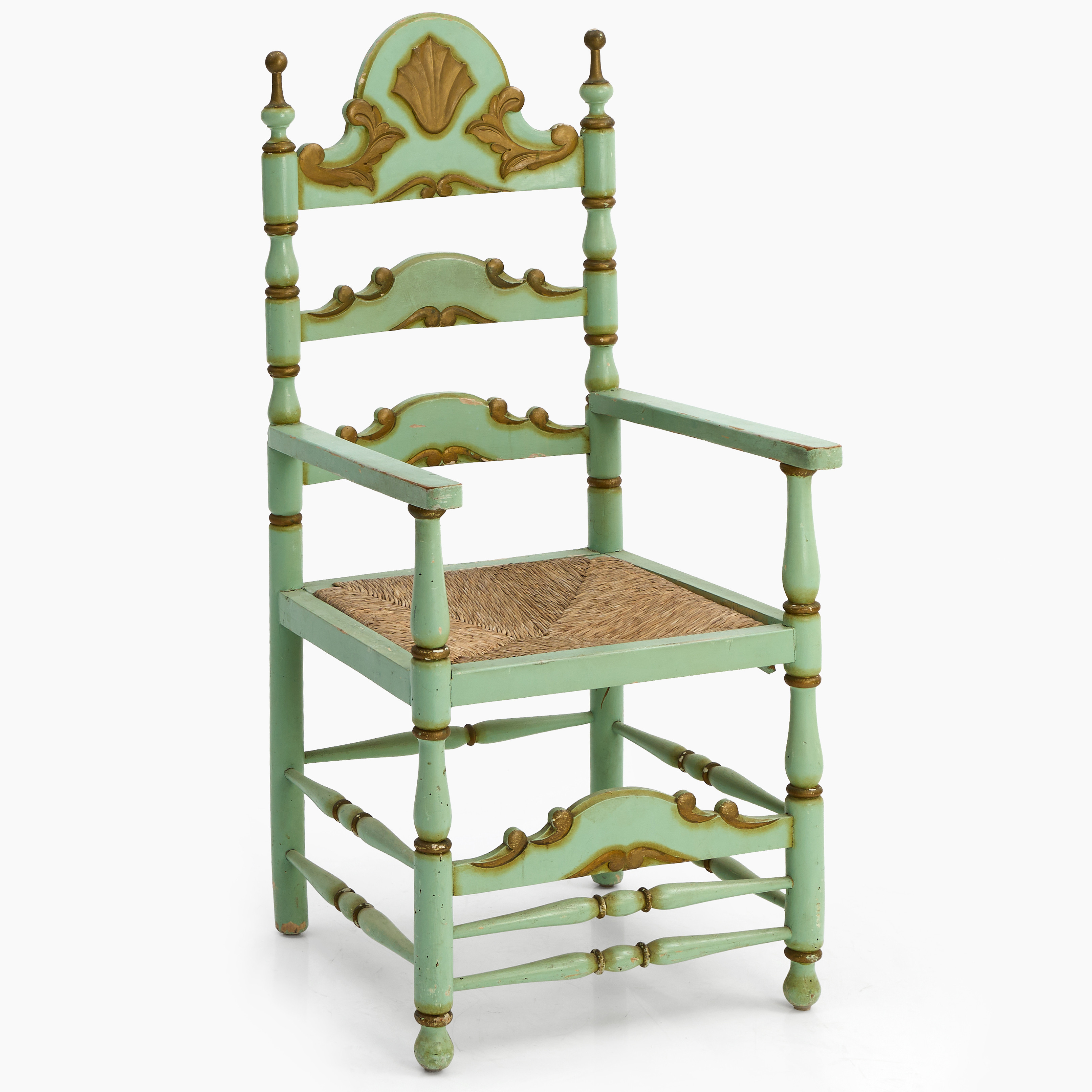 KARMSTOL, barockstil, omkring 1900, grönmålad, skuren dekor, flätad sits.