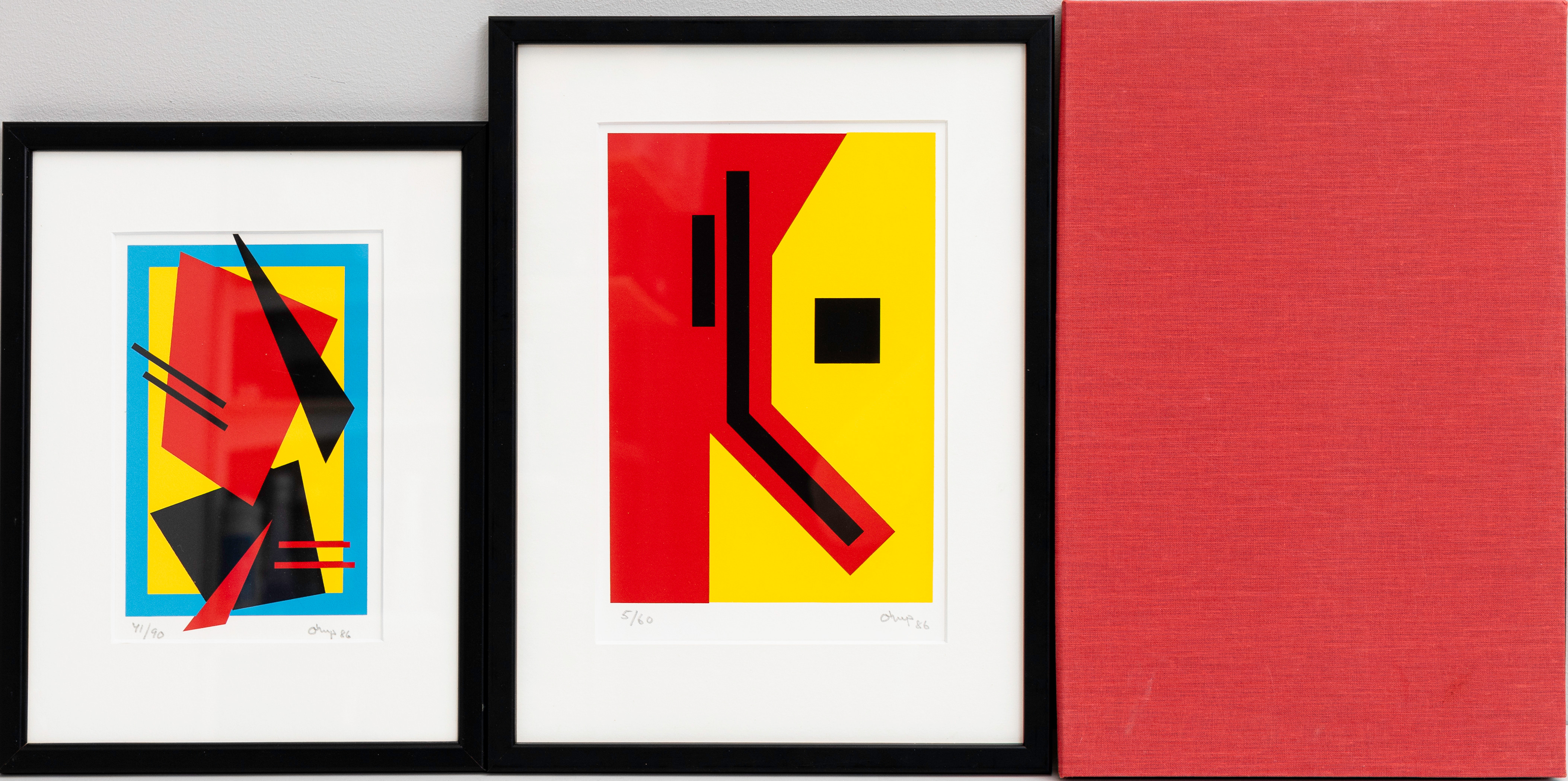 BENGT ORUP. 2 st kompositioner, färgserigrafier, signerade, numrerade 5/60 samt 41/90, daterade 86, samt bok "50 år efter debuten".