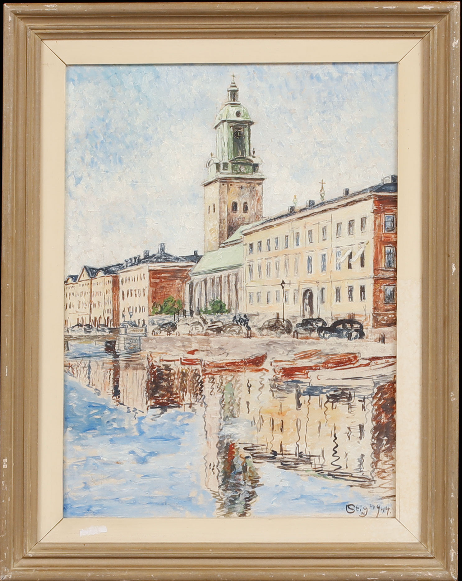 OIDENTIFIERAD KONSTNÄR. Tyska kyrkan Göteborg, olja på duk, signerad Stig -44.