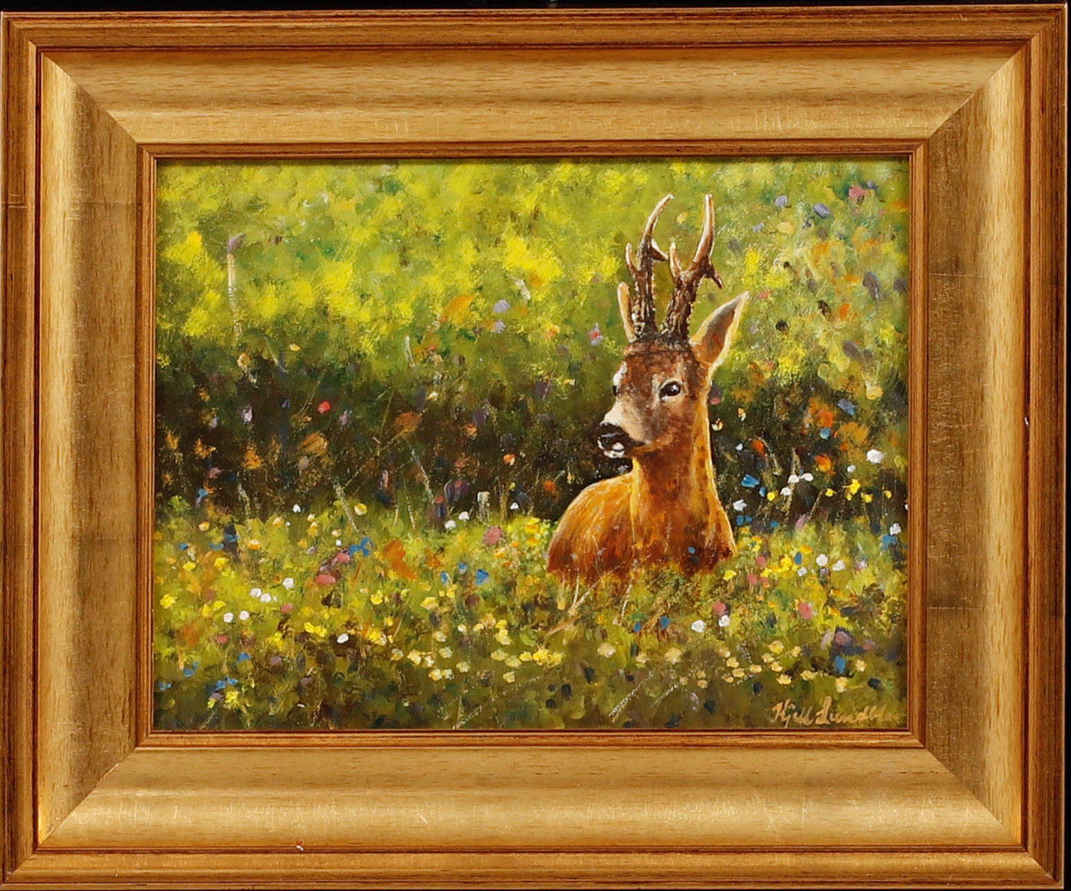 KJELL LUNDBLAD. Råbock på äng, olja på pannå, signerad.