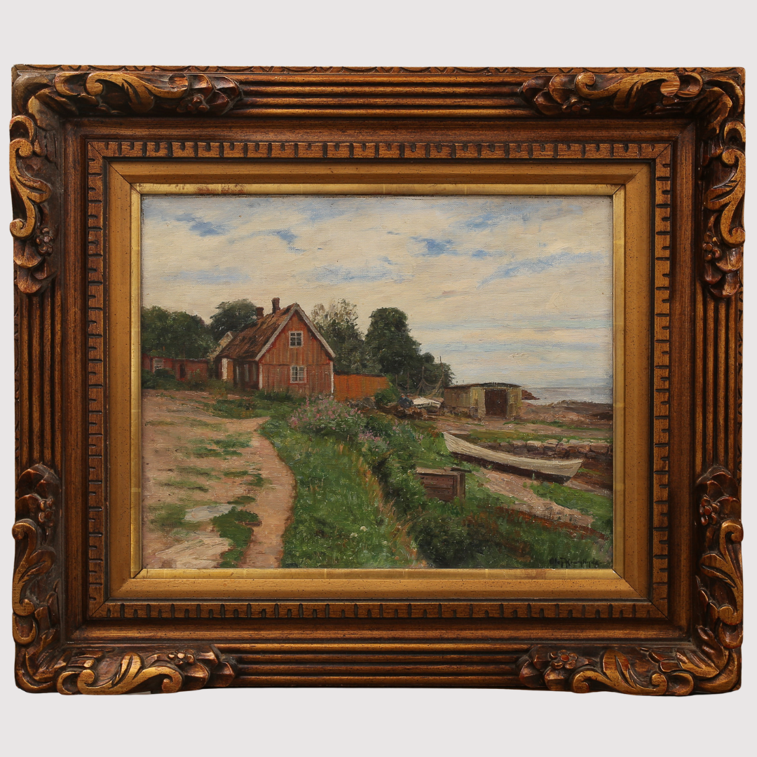 OLOF KRUMLINDE, (1858-1945), olja på duk, träskuren ram. Sommarbild vid havet, hus och mindre båtar. Signerad.