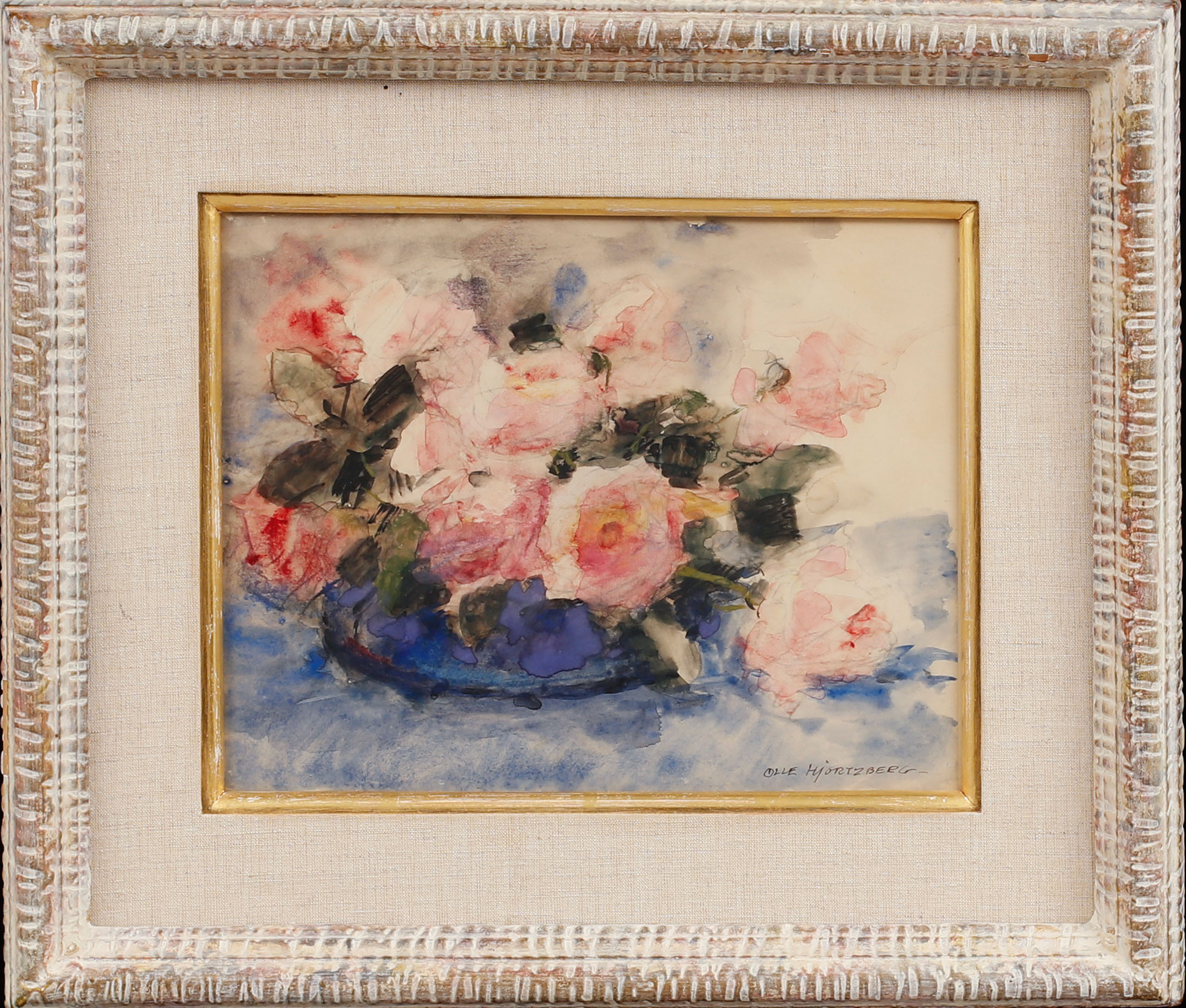 OLLE HJORTZBERG. Stilleben med rosor, akvarell, signerad.