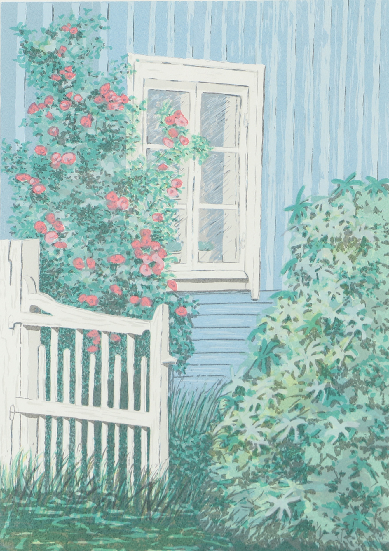 OIDENTIFIERAD KONSTNÄR. Fönster mot trädgård, färglitografi, otydligt signerad.