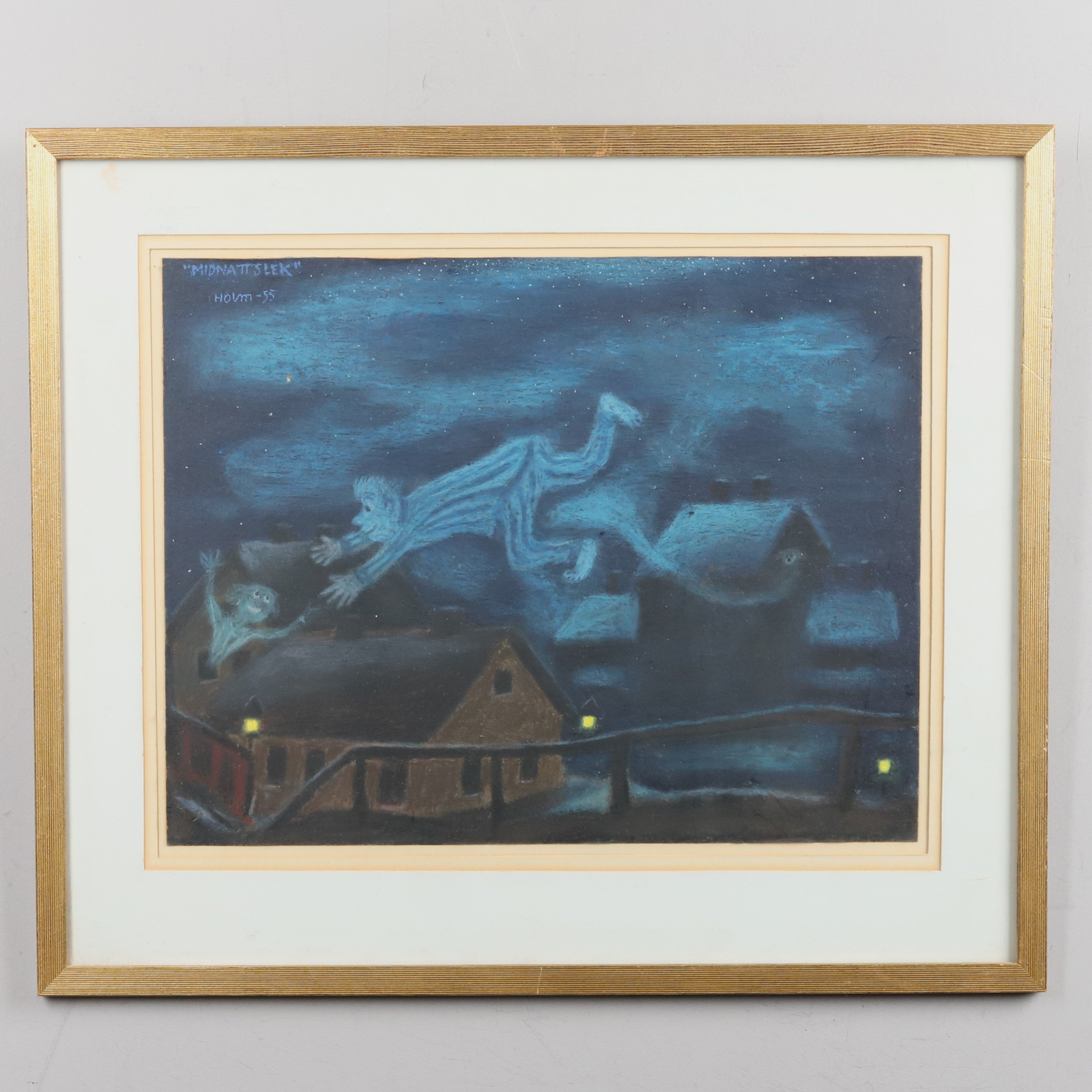 OIDENTIFIERAD KONSTNÄR. Torrpastell, "Midnattslek", signerad Holm och daterad -55.