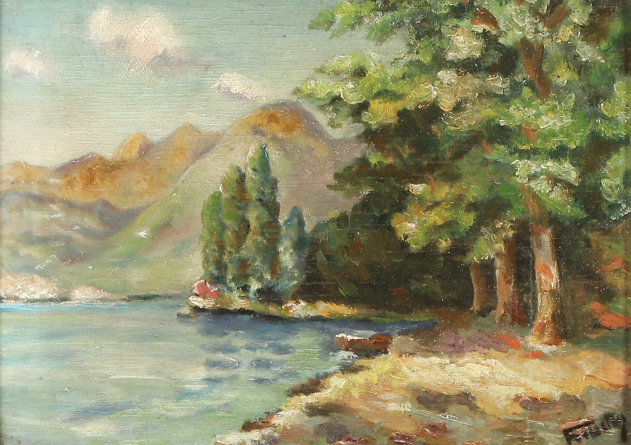 OIDENTIFIERAD KONSTNÄR. Oljemålning på pannå, otydligt signerad, möjligen Friberg. Bergslandskap med vattendrag.