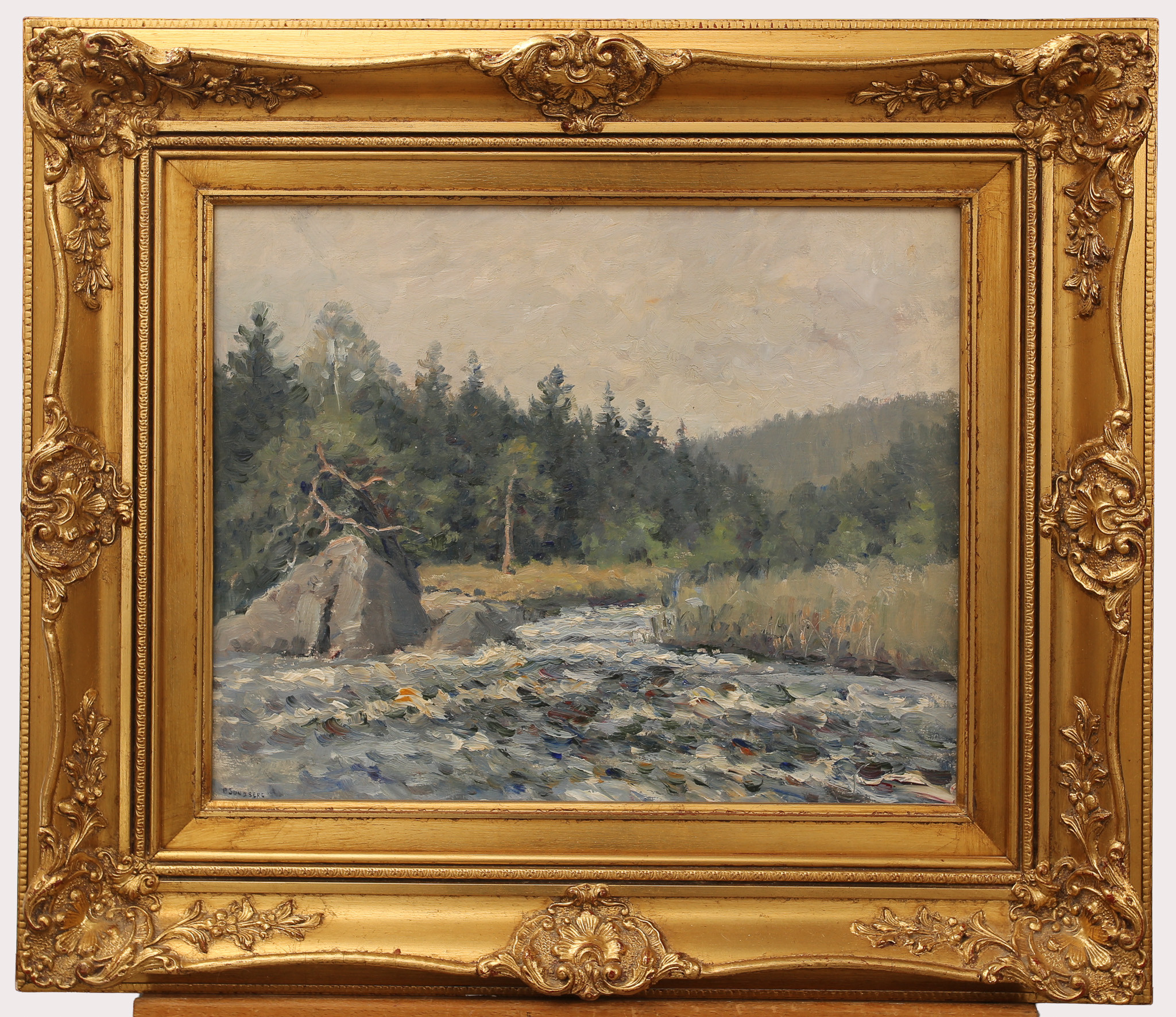 PER SUNDBERG (1887-1968) olja på pannå, livligt vattendrag, vid skogsparti.