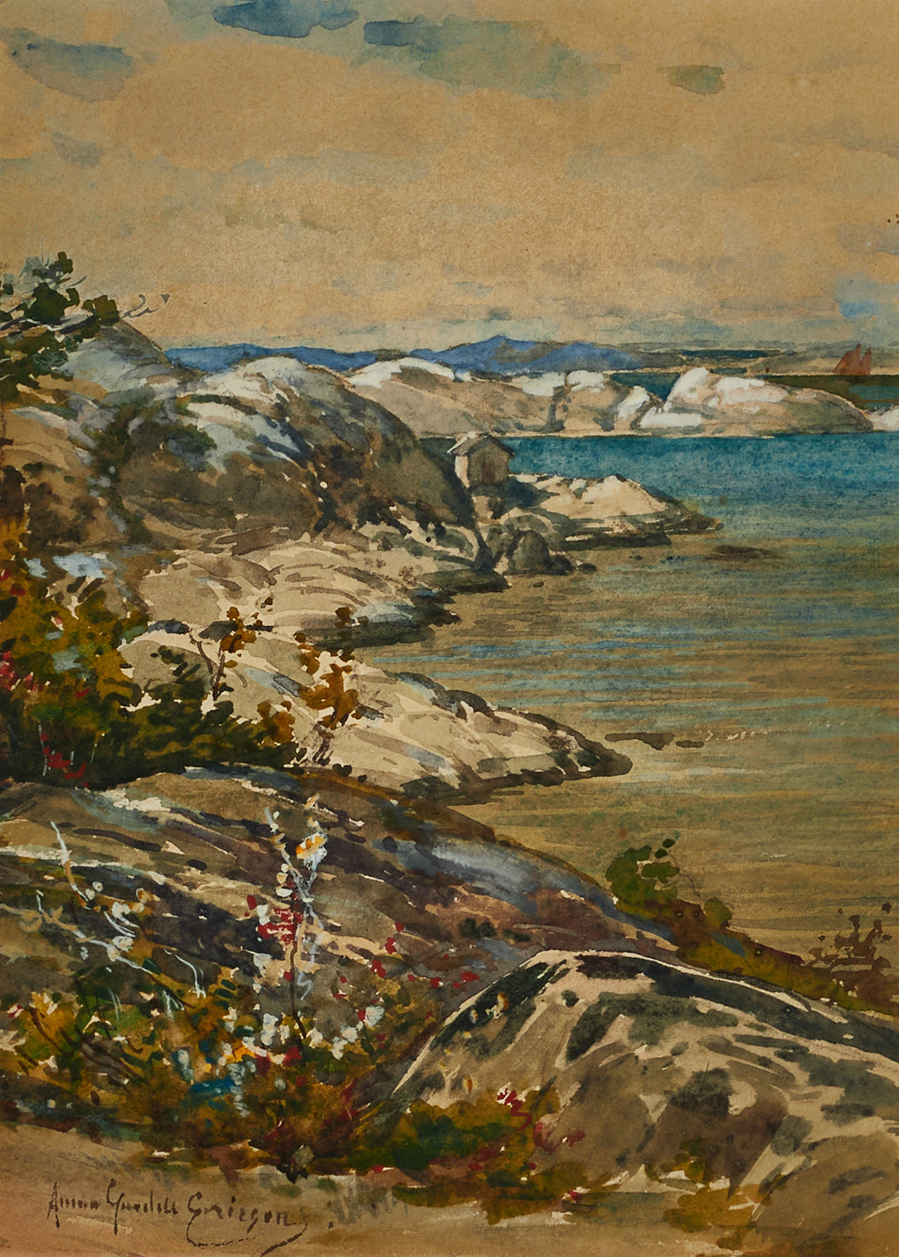 ANNA GARDELL-ERICSON (SVERIGE, 1853–1939). Skärgårdsklippor, signerad, akvarell.