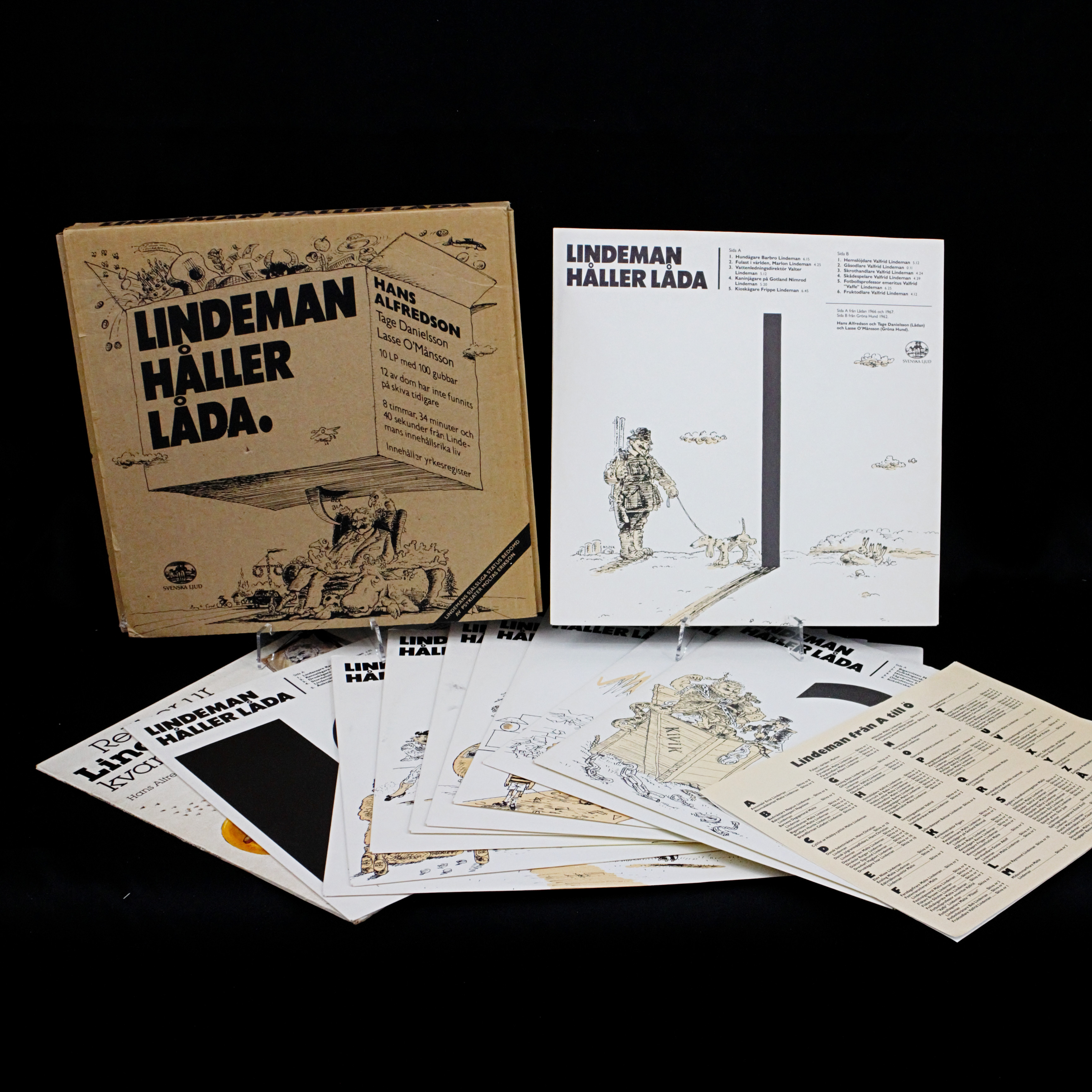 LINDEMAN HÅLLER LÅDA + 1 LP-skiva, 10 vinylskivor i kartong, 1900-talets andra hälft.