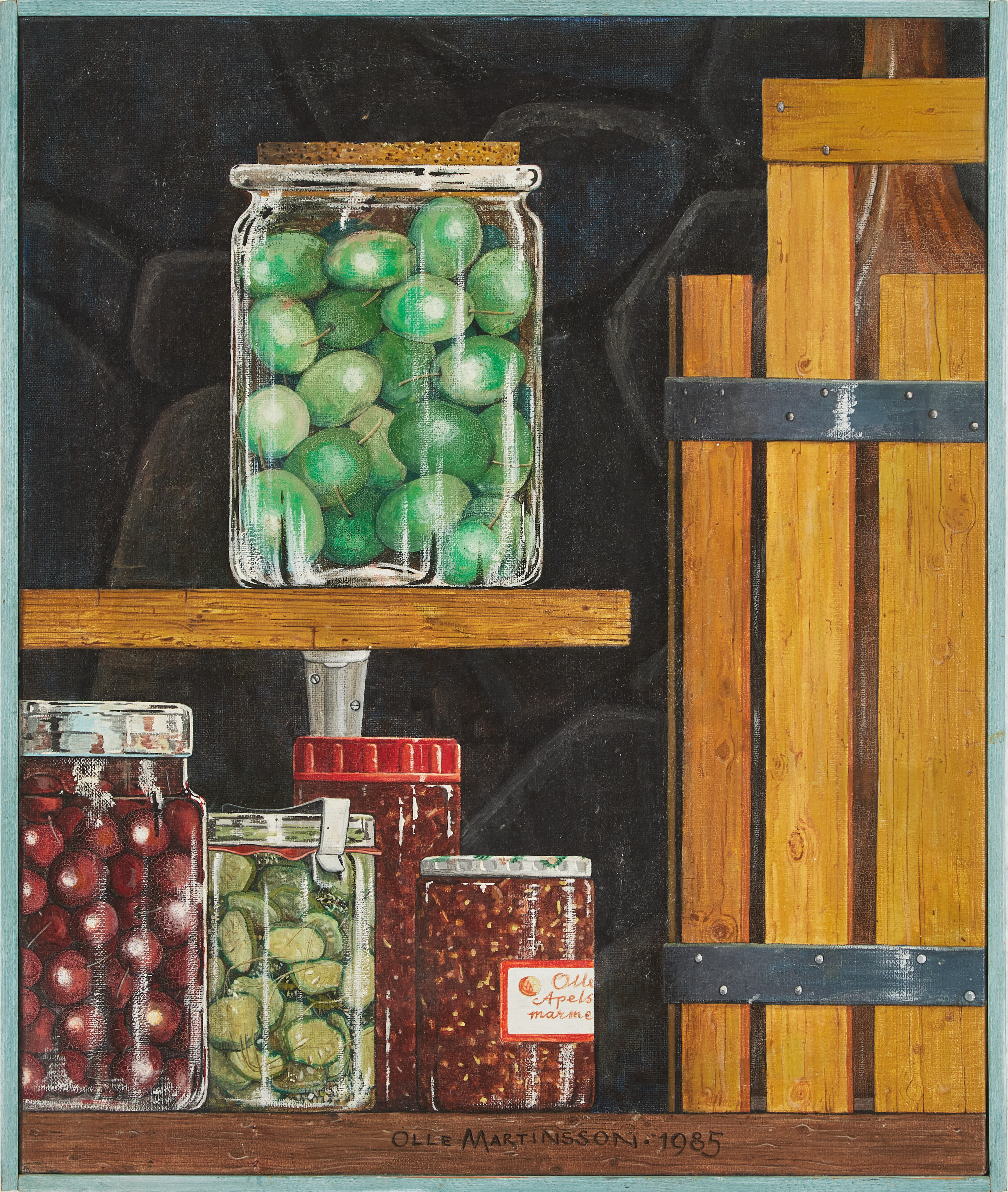 OLLE MARTINSSON. ''Kockat och inlagt, syltat och saftat", olja på duk, signerad och daterad 1985.