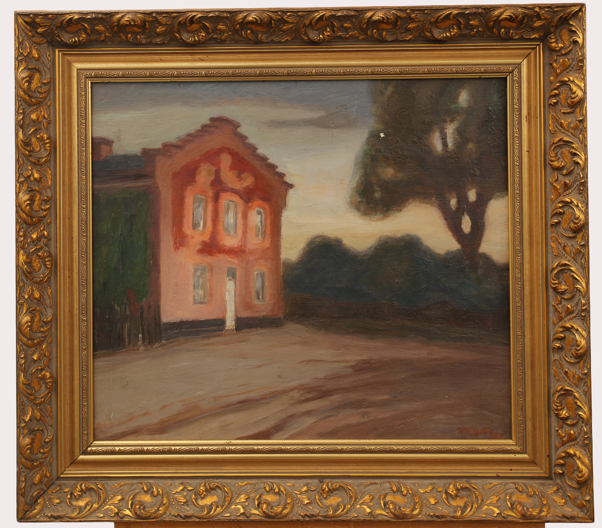 CARIN THAM (1887-1967). Olja på duk, röd-rosa husgavel vid träd.