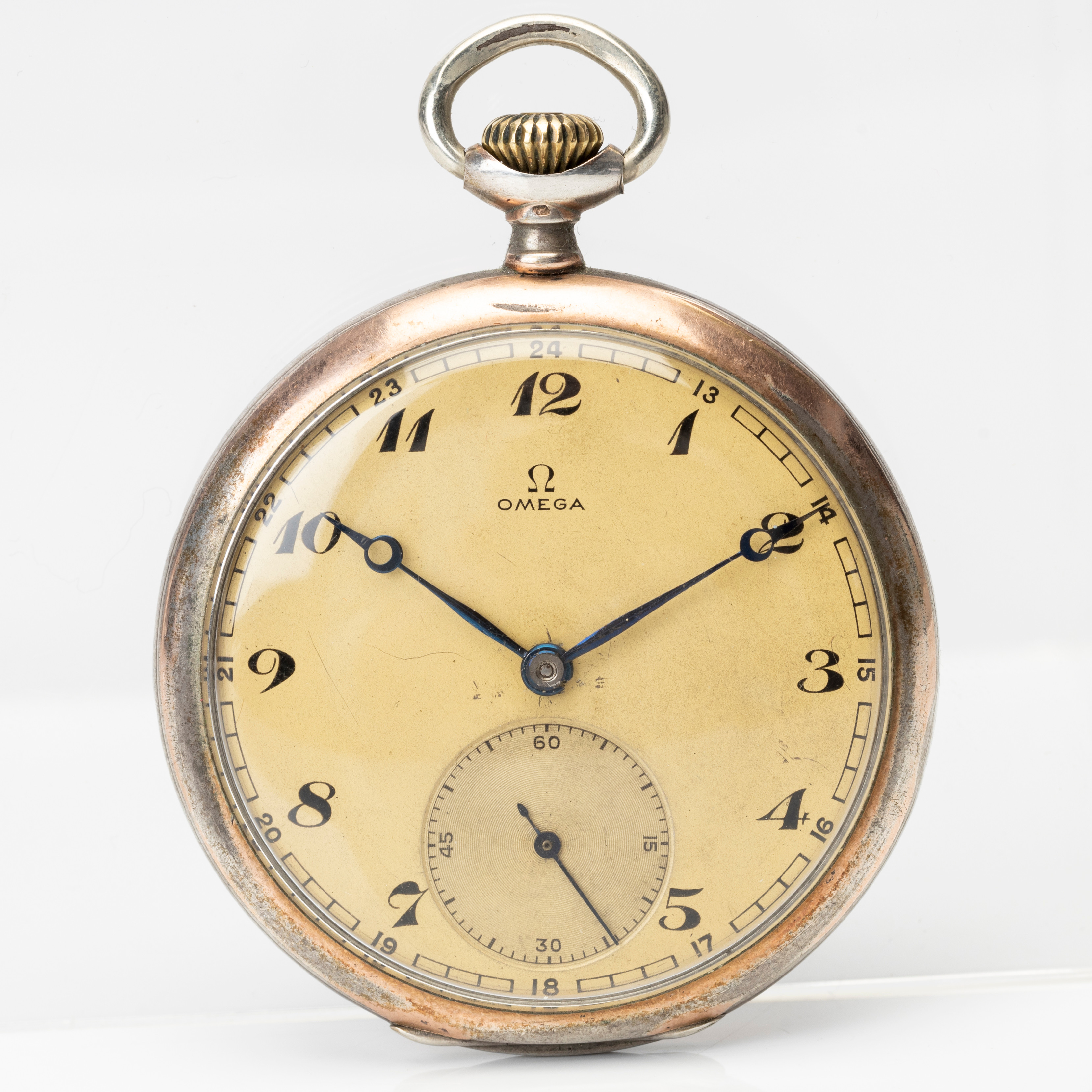 OMEGA, fickur, manuell, ankargång, al. 38,5L.T1, boett av silver, 1900-talets första hälft.