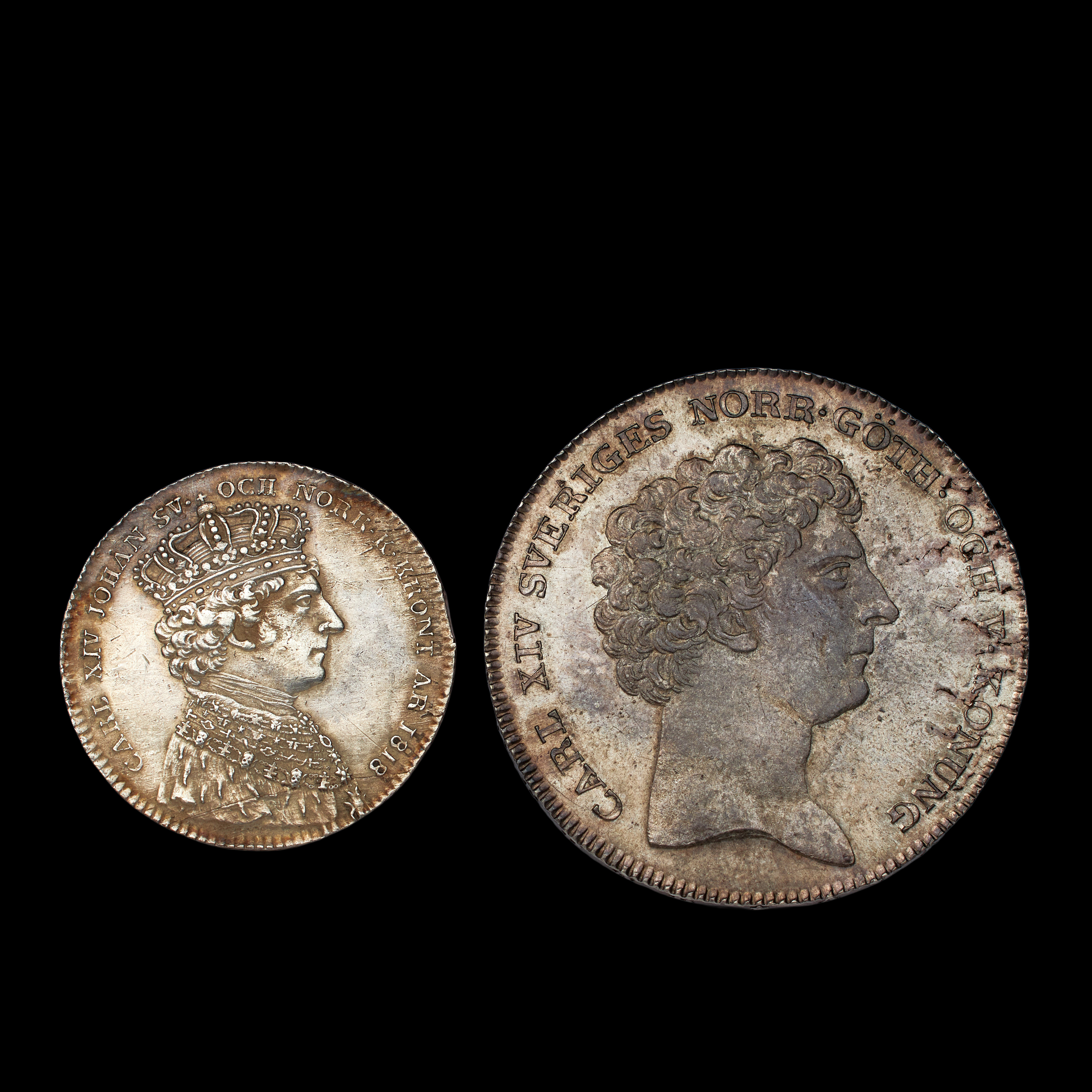 SILVERMYNT, 2 st, Karl XIV Johan, kastmynt kröningen 1818 samt 1 riksdaler 1825.