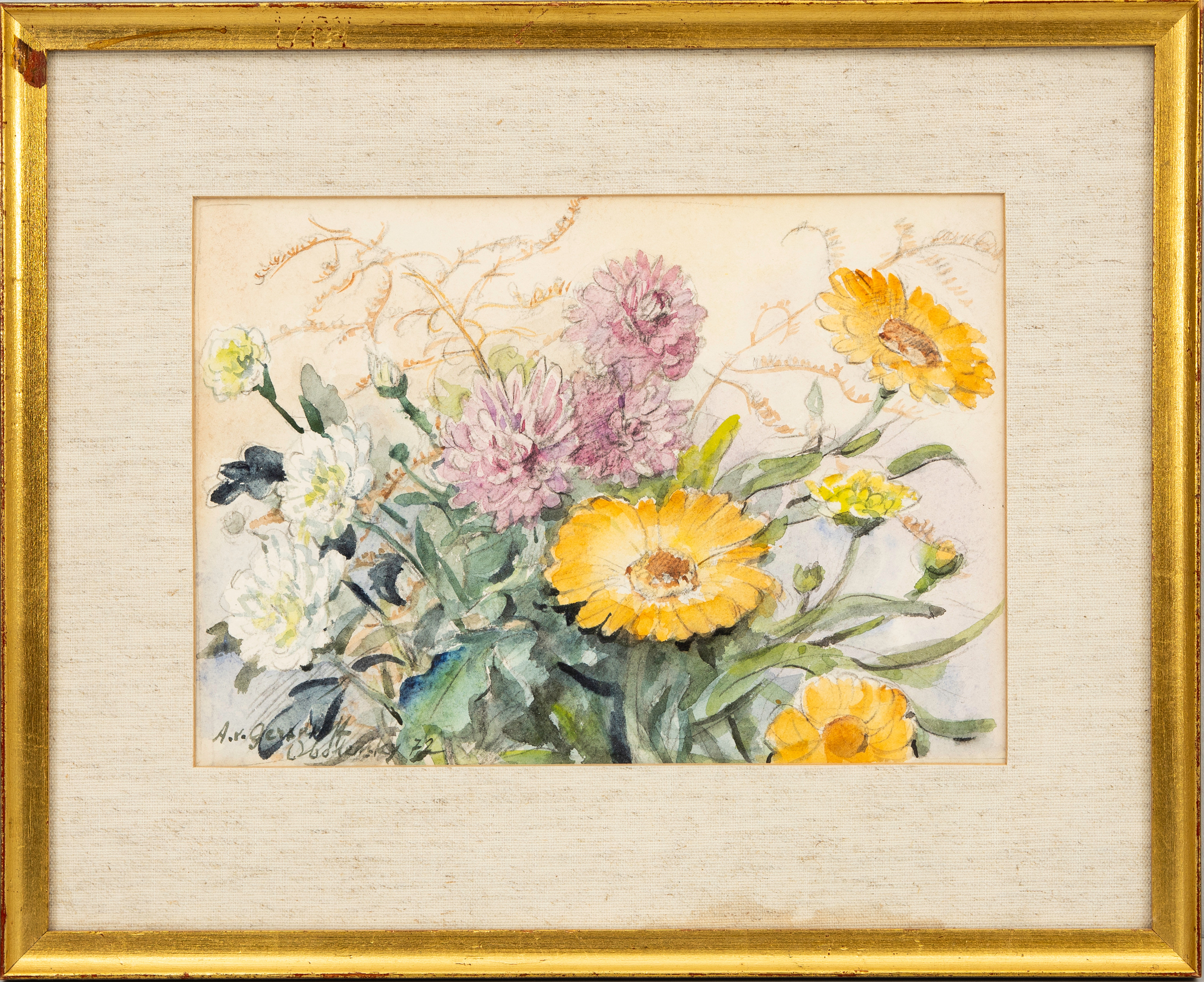 ANNA VON GERSDORFF-OBOLENSKY. Blomstilleben, blandteknik på papper, signerad, daterad 72.