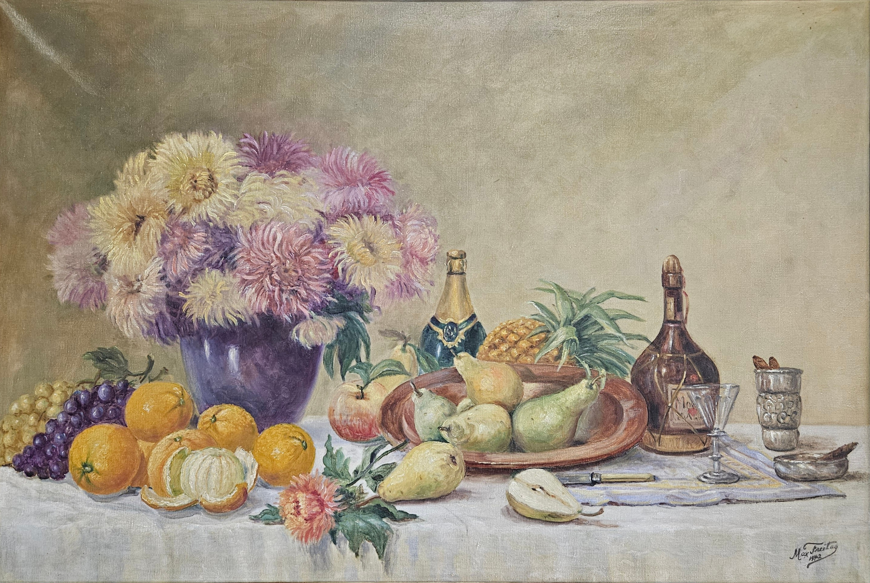 OIDENTIFIERAD KONSTNÄR. Stilleben med bland annat frukter, signerad och daterad Max Freitag 1942.