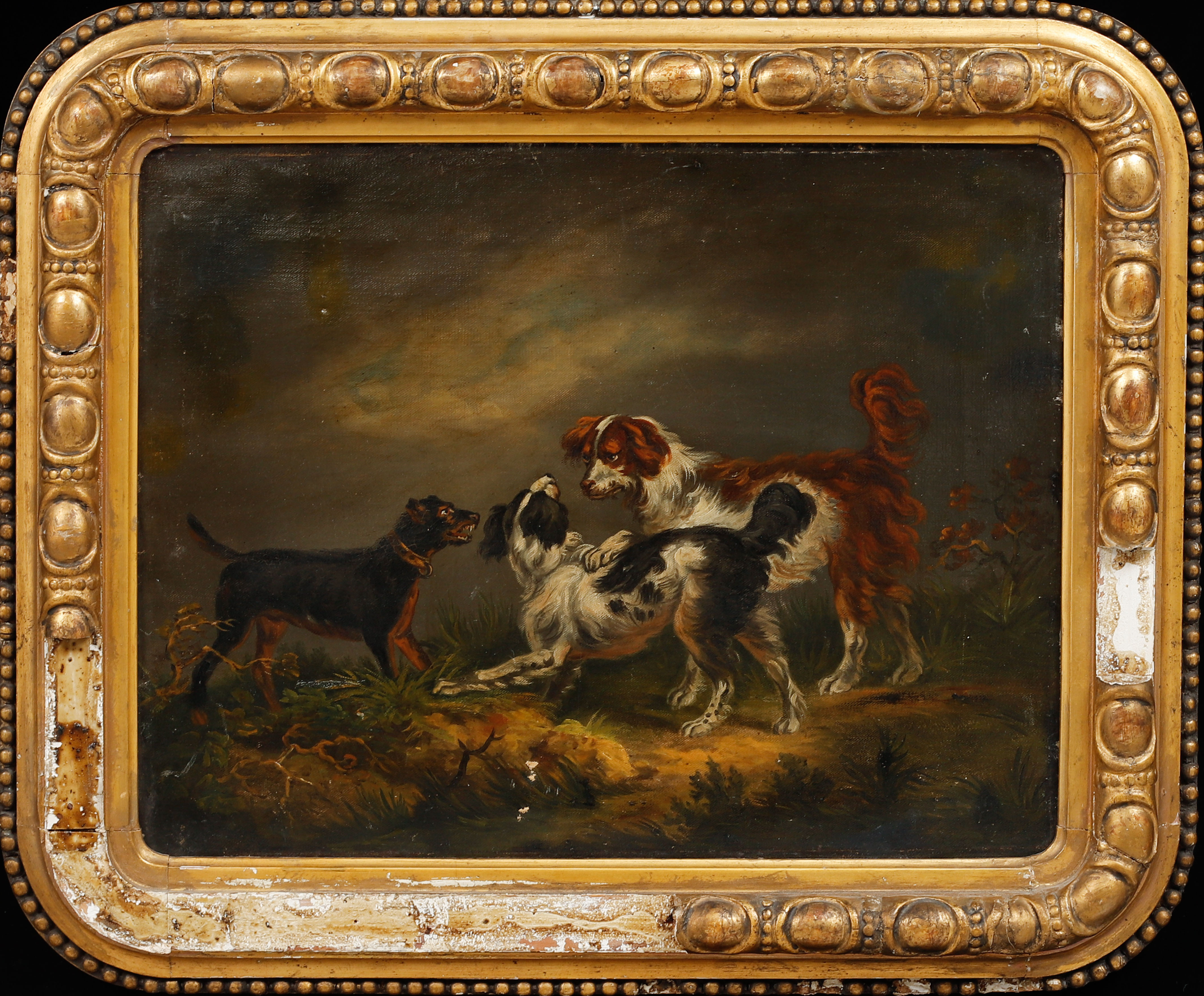 OKÄND KONSTNÄR. Scen med jakthundar, olja på duk, 1800-tal.