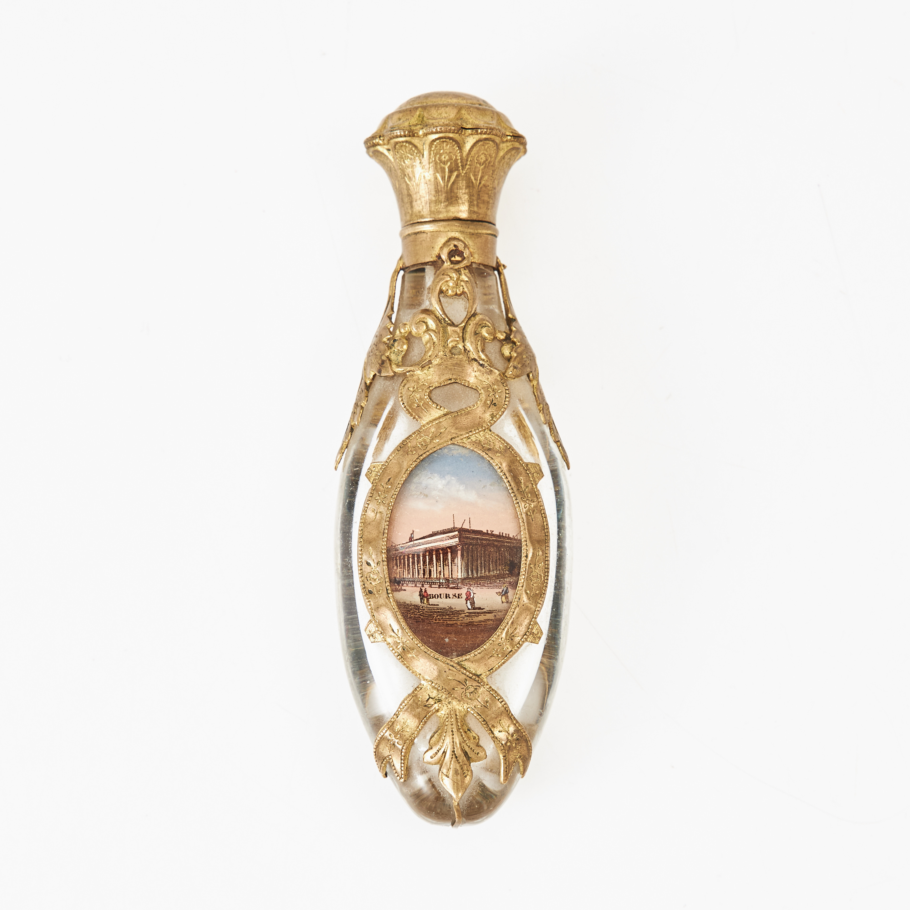 FLAKONG, 1800-tal, glas och mässing, genombruten dekor, med miniatyrmålning samt spegel.