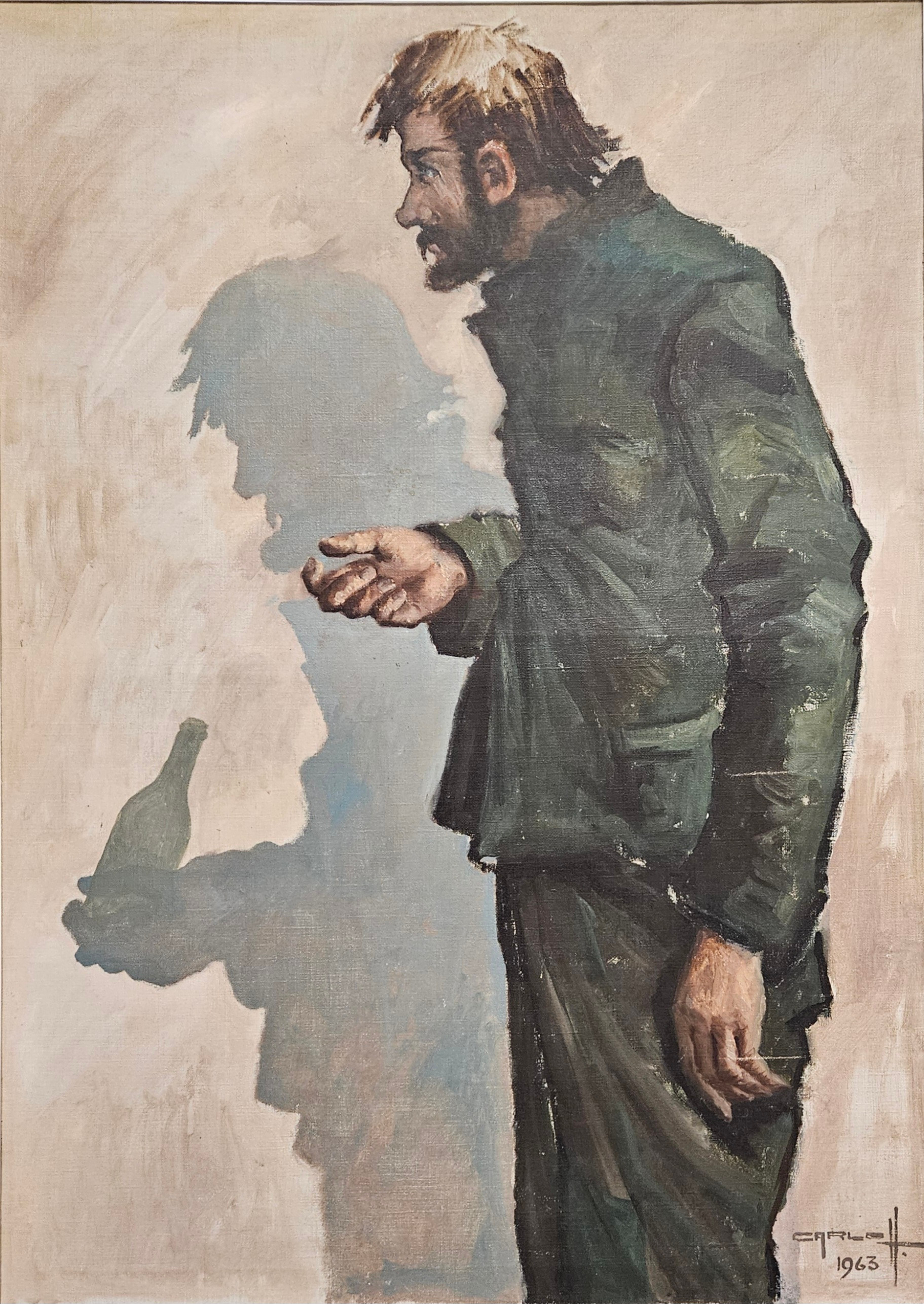 OIDENTIFIERAD KONSTNÄR. Mannen och skuggan. Olja på duk, signerad Carlo H 1963.