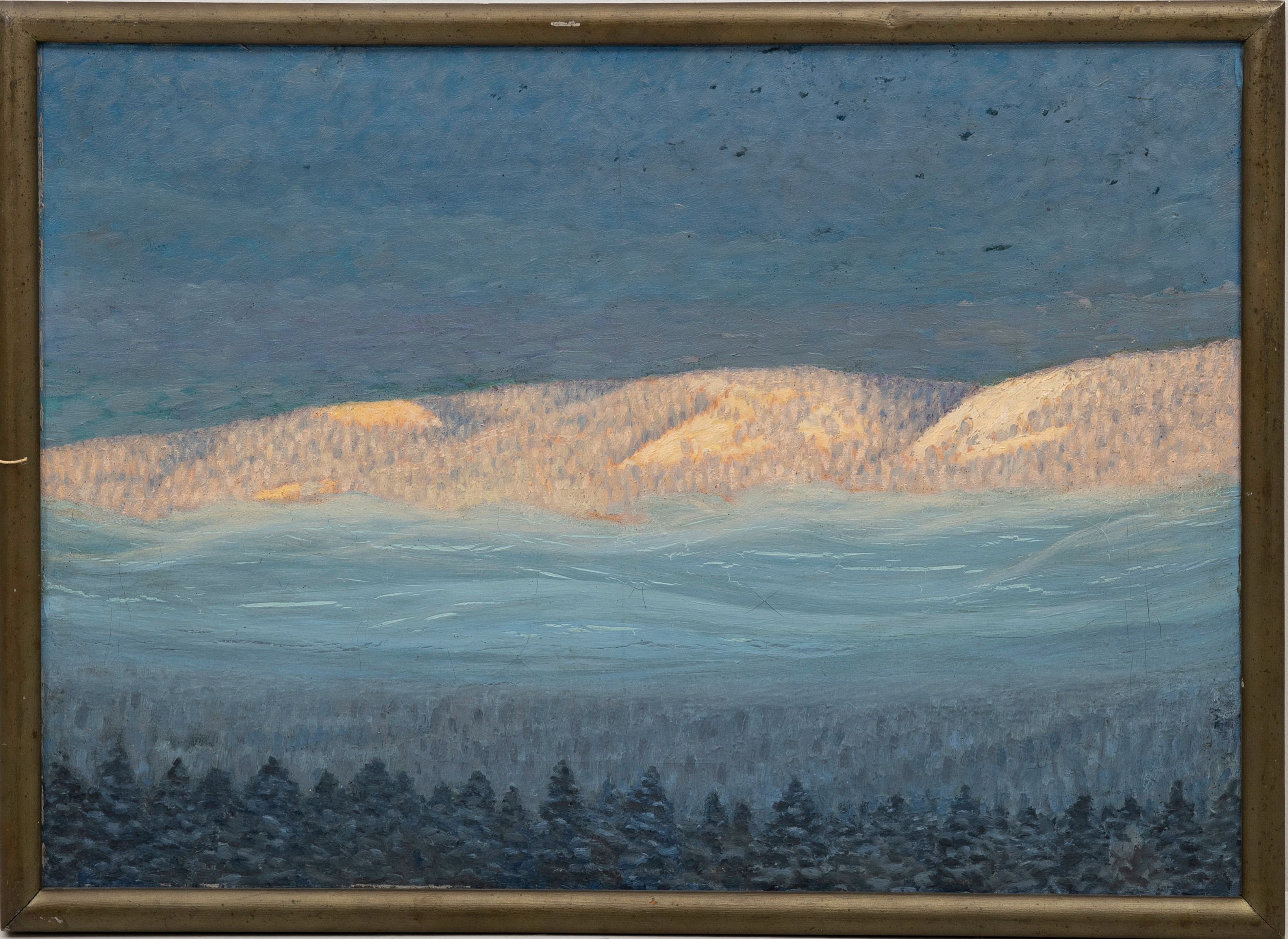 OKÄND KONSTNÄR. Vy över snöklädda berg, olja på pannå.