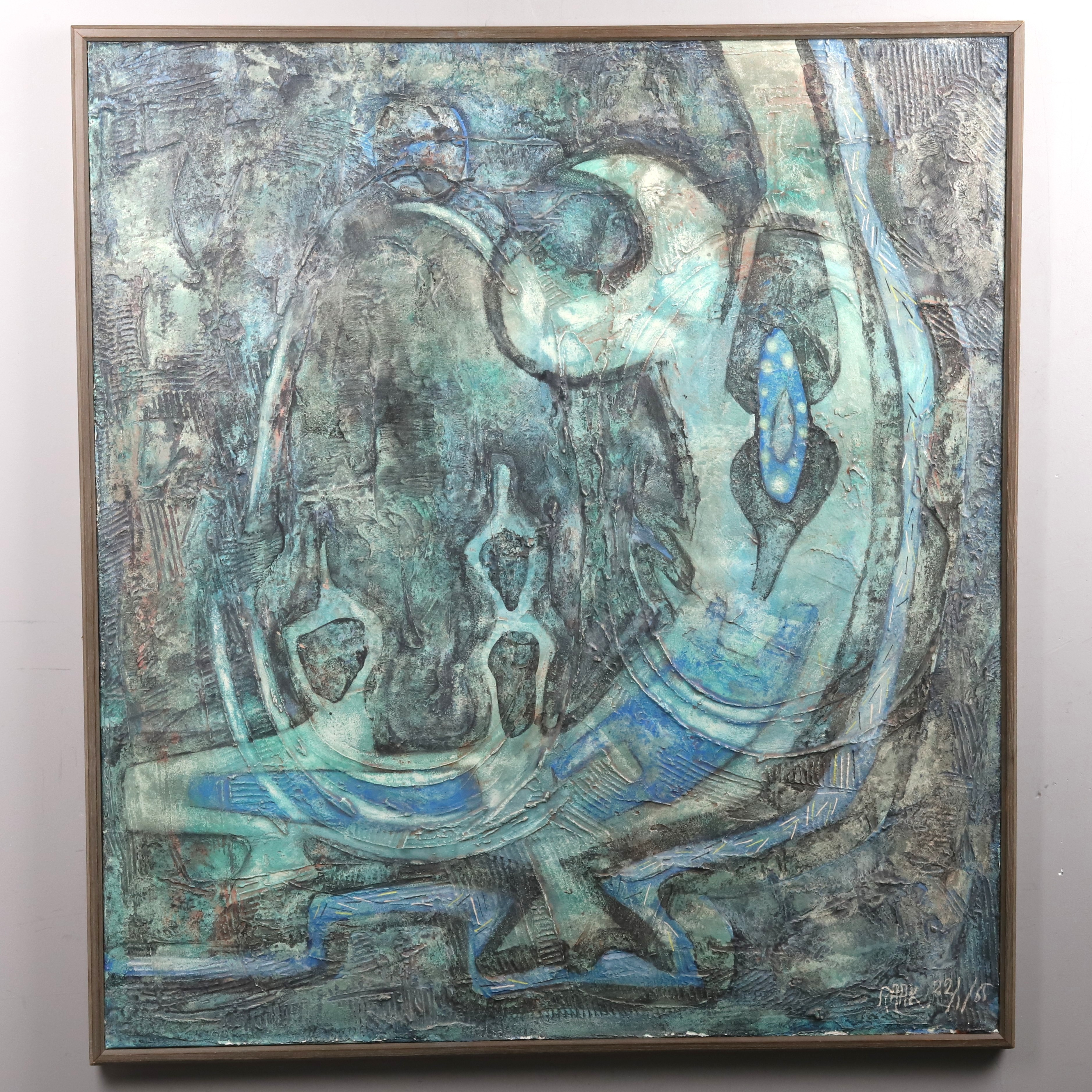 LARS SPAAK. Målning på tät säckväv, blandteknik, abstrakt komposition, signerad & daterad -22/1 -68.