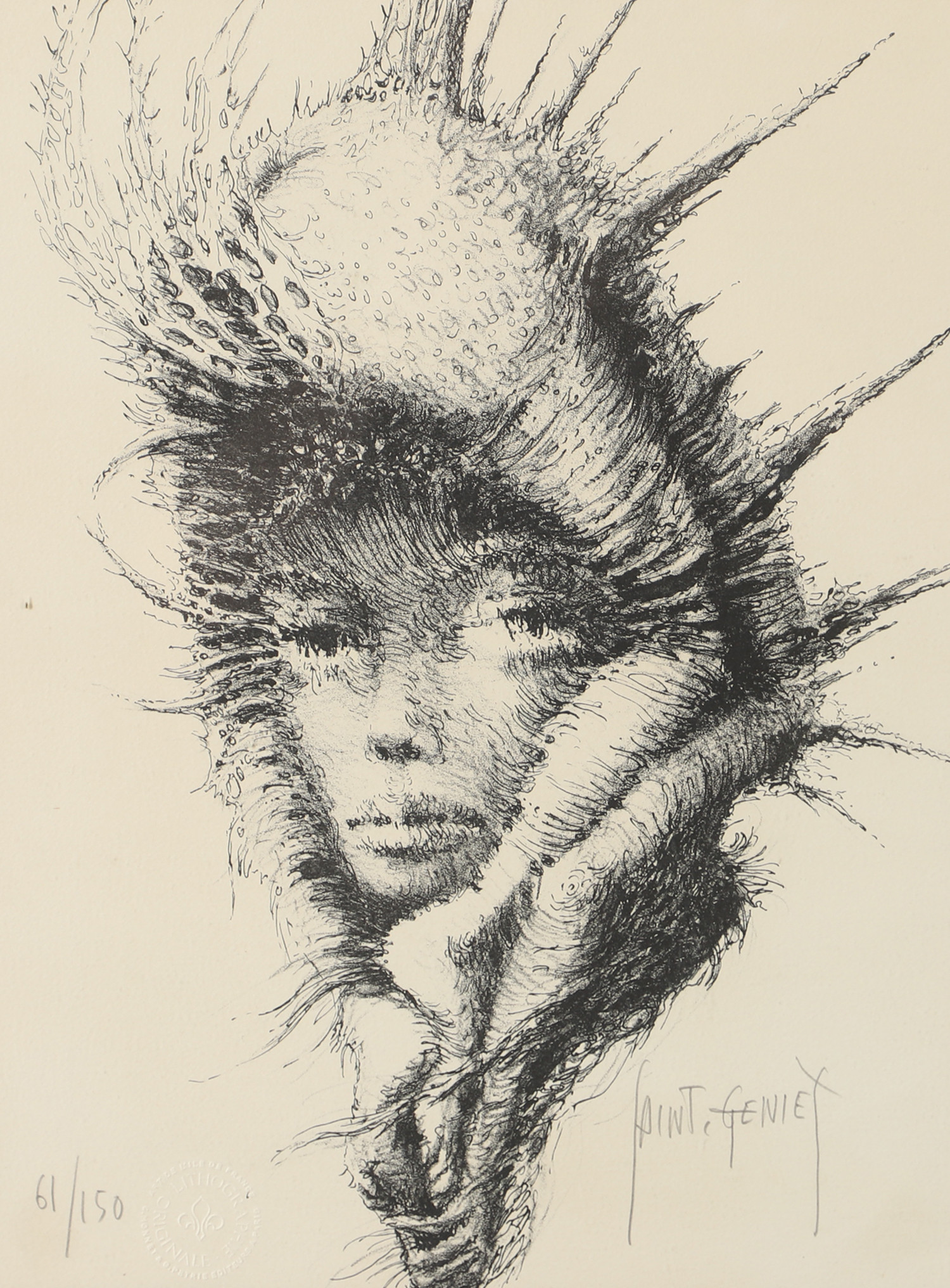 FRANCIS DE LASSUS SAINT-GENIES. Kvinnostudie, litografi, signerad Saint-Genies.