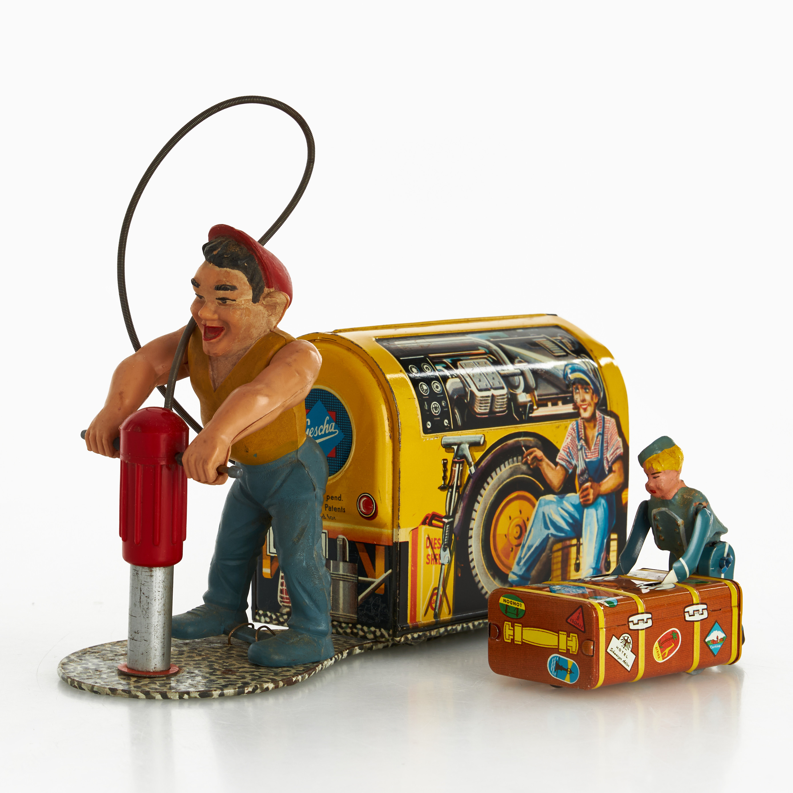 GESCHA, plåtleksaker, 2 st, "Express-Boy" & "Kompressor Mann", litograferad plåt, urverk, Western Germany, 1950/60-tal.