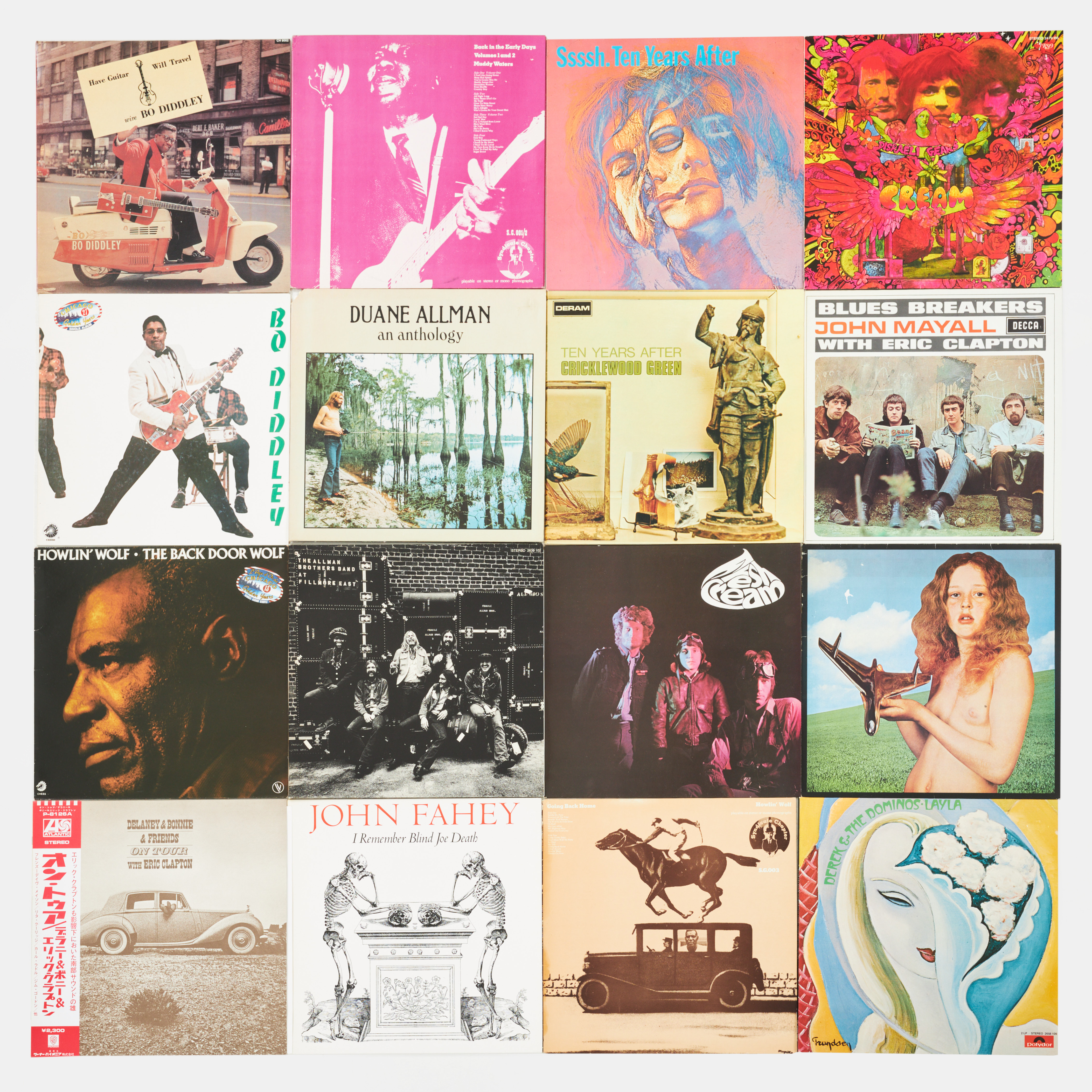 VINYLSKIVOR, 16 st., Duane Allman, Allman Brothers Band, Cream, Bo Diddley, Howlin Wolf, Ten Years After, Derek and the Dominoes, Muddy Waters, Blind Faith, Delainey and friends, John Fahey.