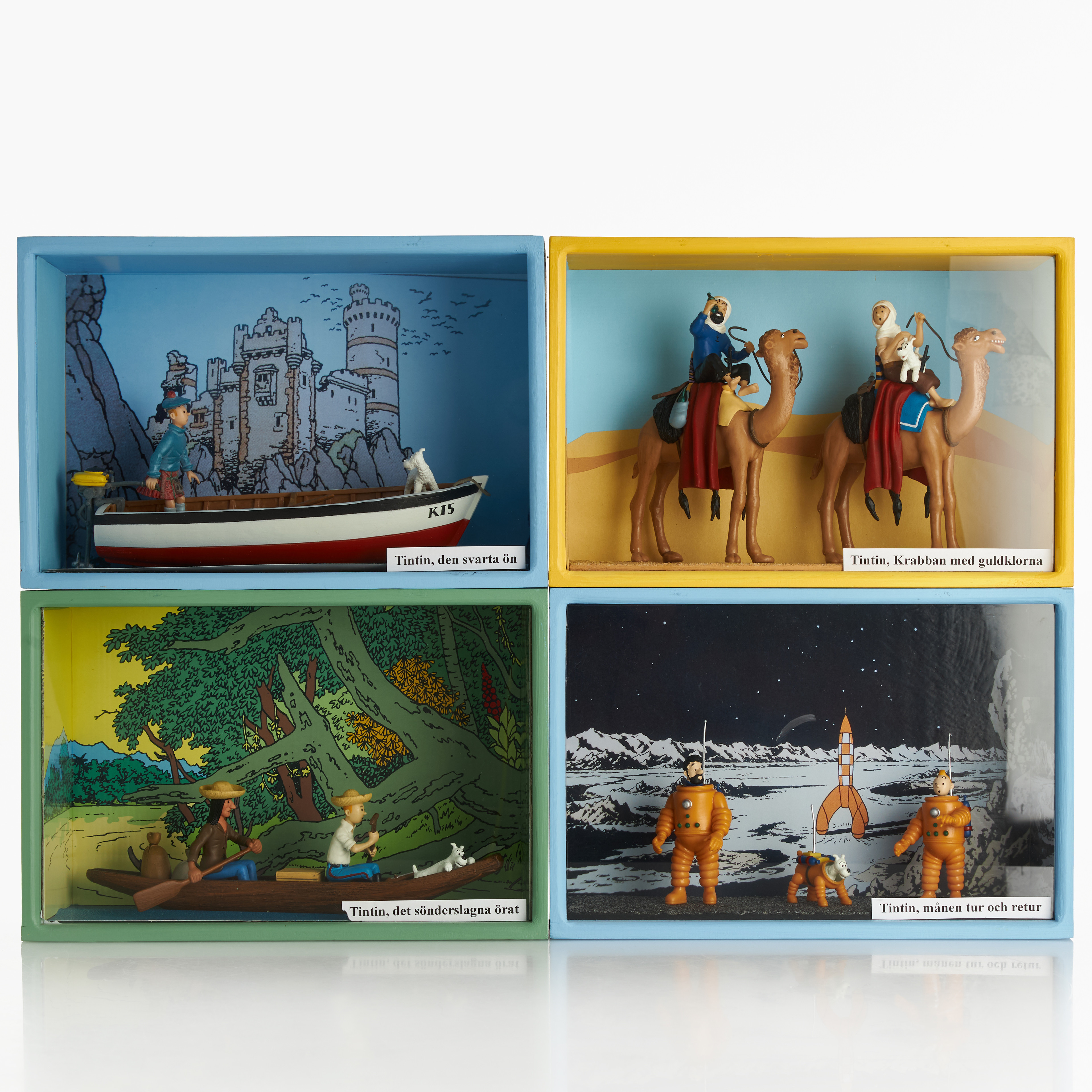 TINTIN. 4 st, Dioraman med scener ur TinTins Äventyr, av Dennis Sjöberg, signerade och daterade 2014.