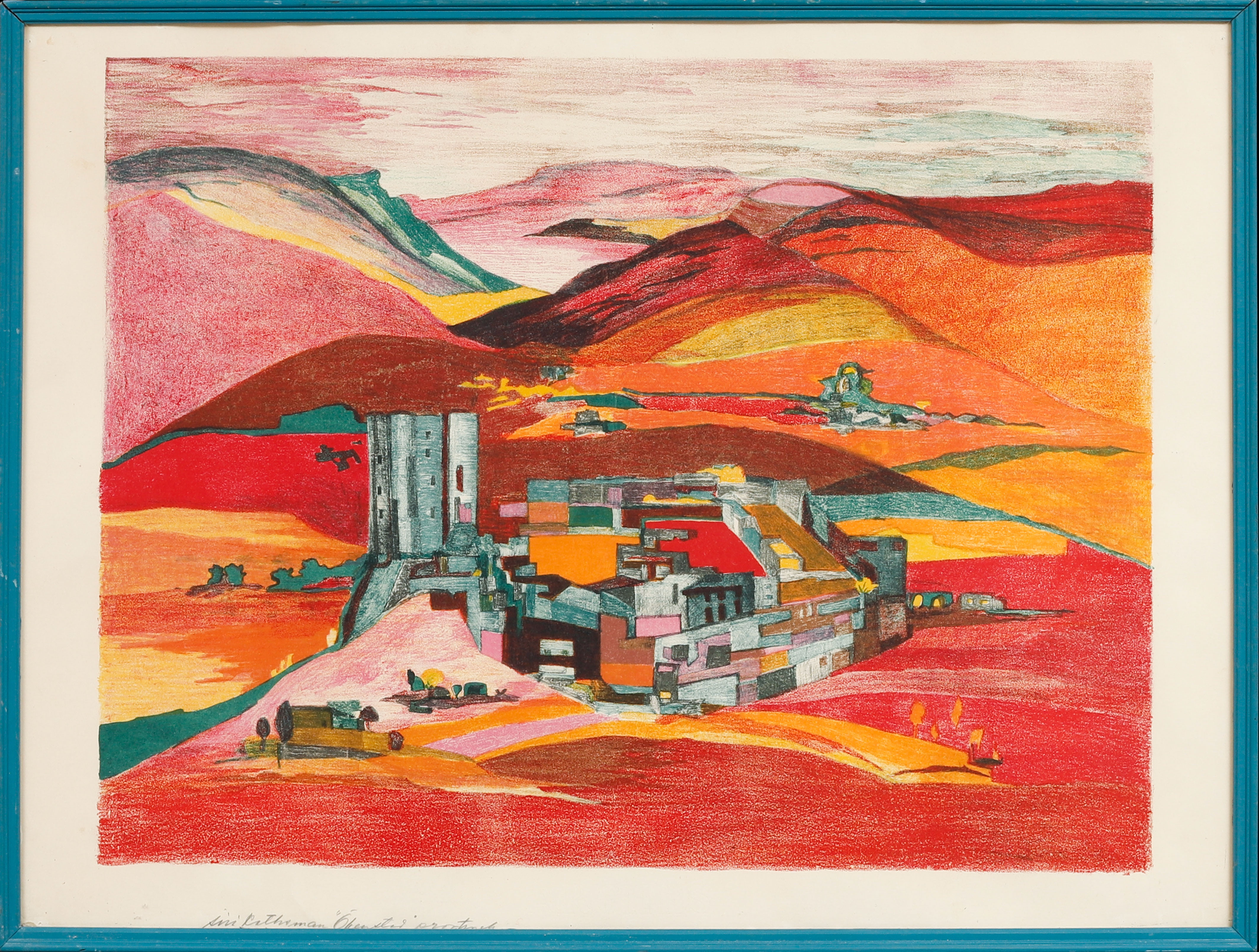 SIRI RATHSMAN. "Ökenstad", färglitografi, signerad, provtryck.