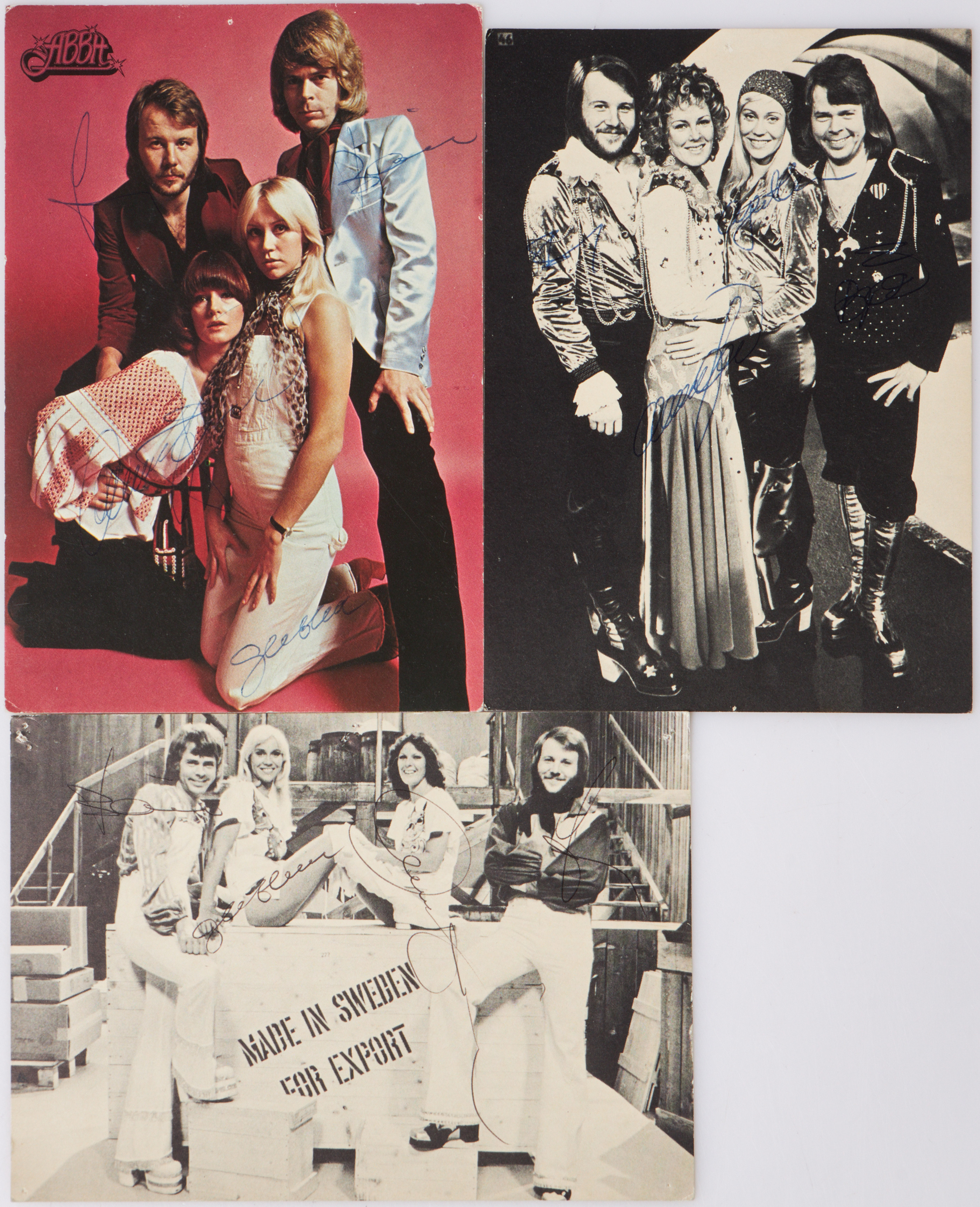 ABBA. 3 dlr, Idolkort med signaturer, 1970-tal.