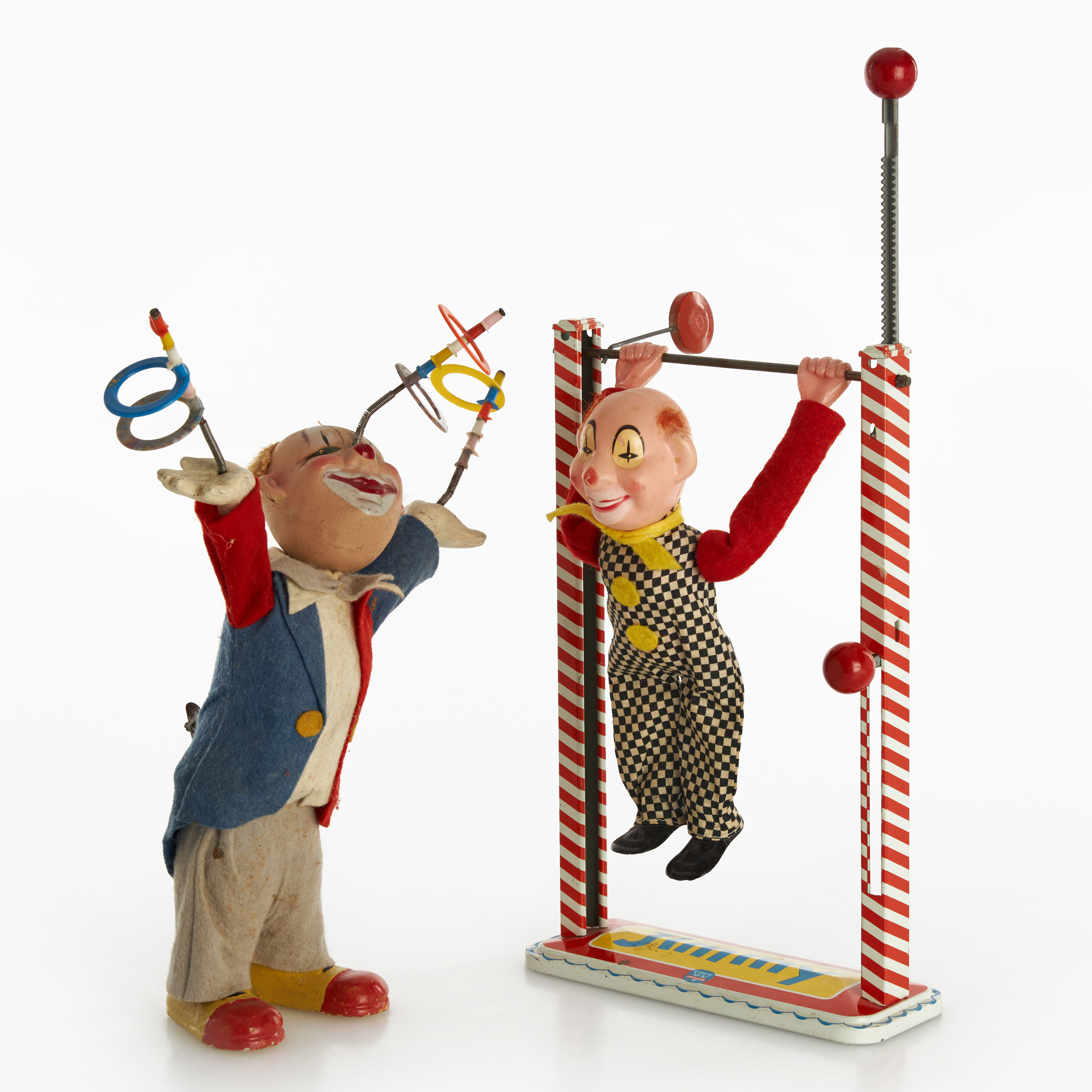 LEKSAKER, clowner, 2 st, litograferad plåt, plast, urverk/mekanisk, 1900-talets mitt.