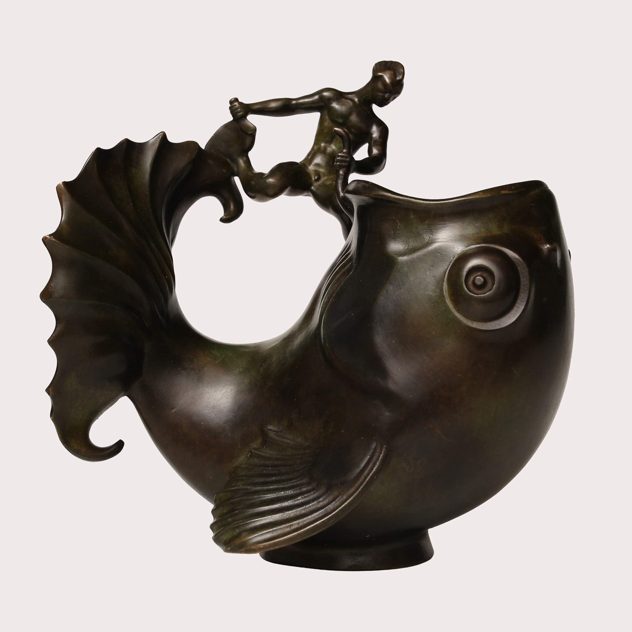 JUST ANDERSEN. Skulptur, "Merman and fish", brons, modell nr B78, Danmark.