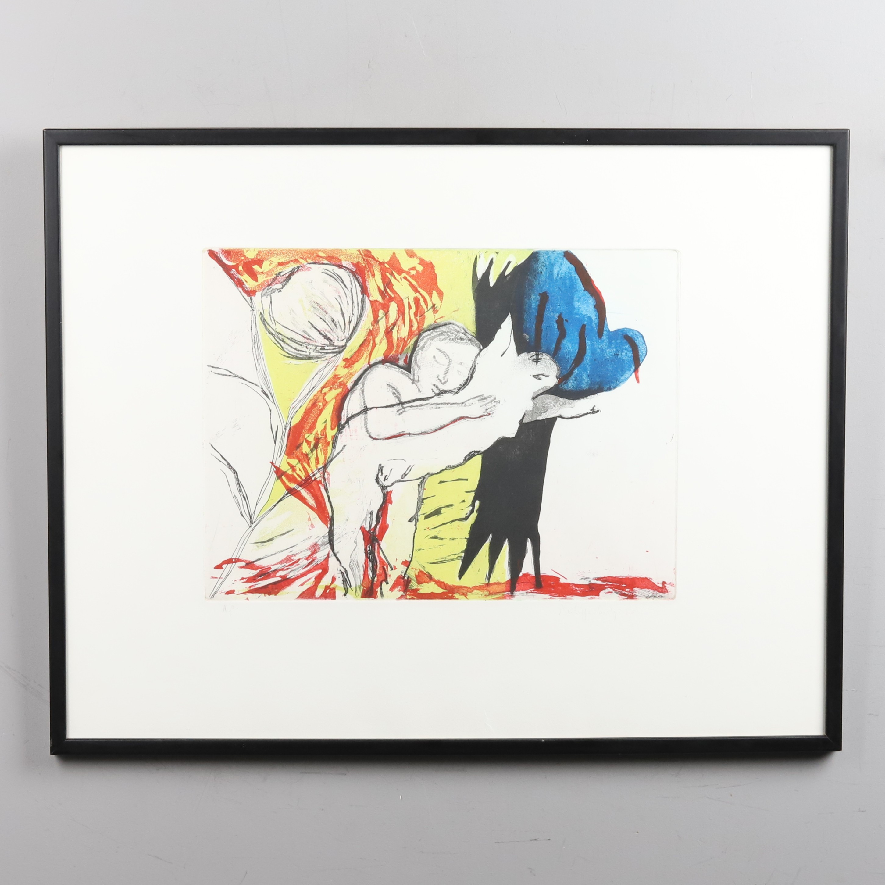 OIDENTIFIERAD KONSTNÄR. Färgakvatint, Artist proof, figurativ expressiv komposition, signerad & daterad -85.