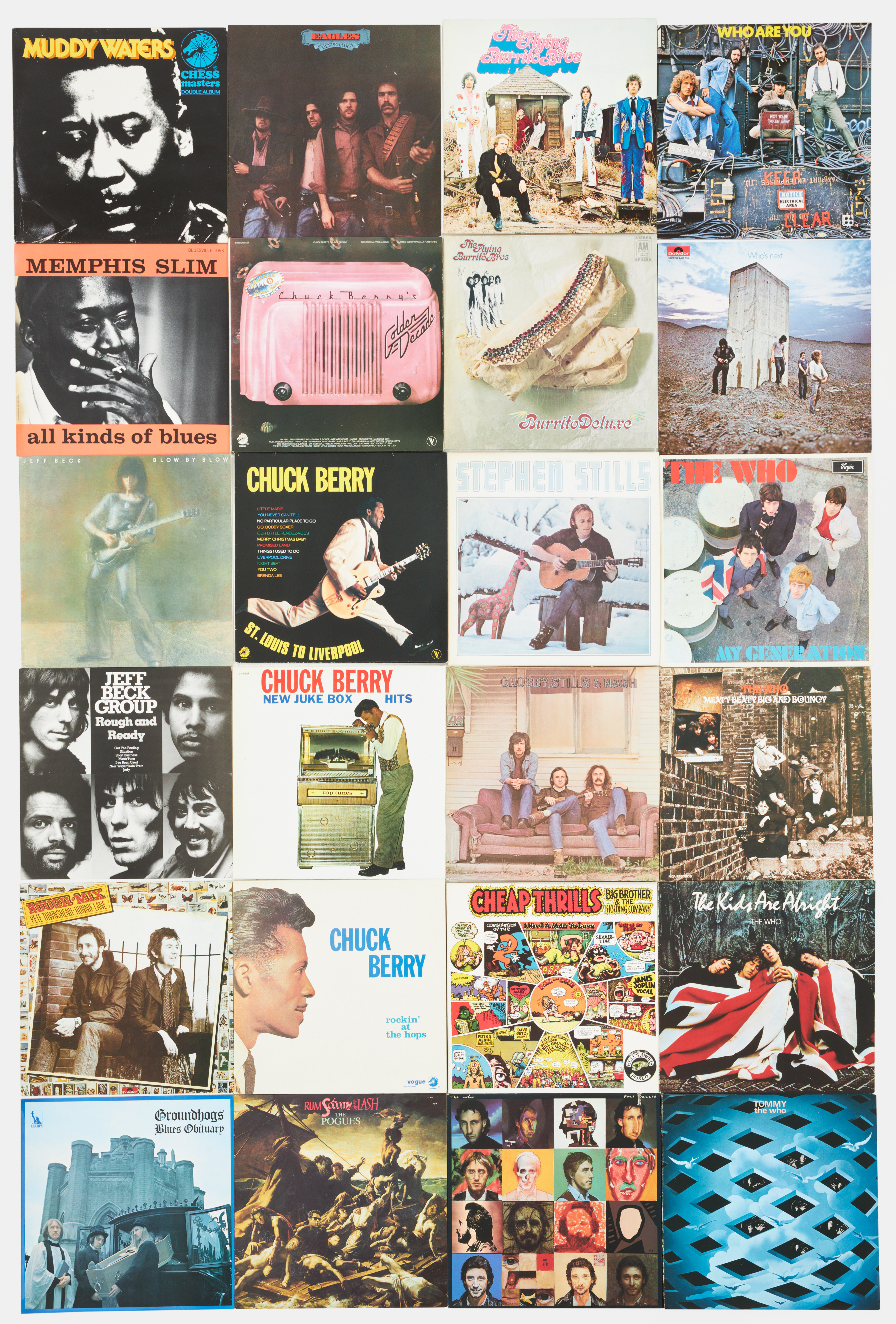 VINYLSKIVOR, 24 st., The Who, Memphis Slim, Muddy Waters, Eagles, Flying Burrito Bros., Big Brother and the holding Company, Chuck Berry, Pogues, Groundhogs, Jeff Beck, Crosby Stills Nash, Stephen Stills.