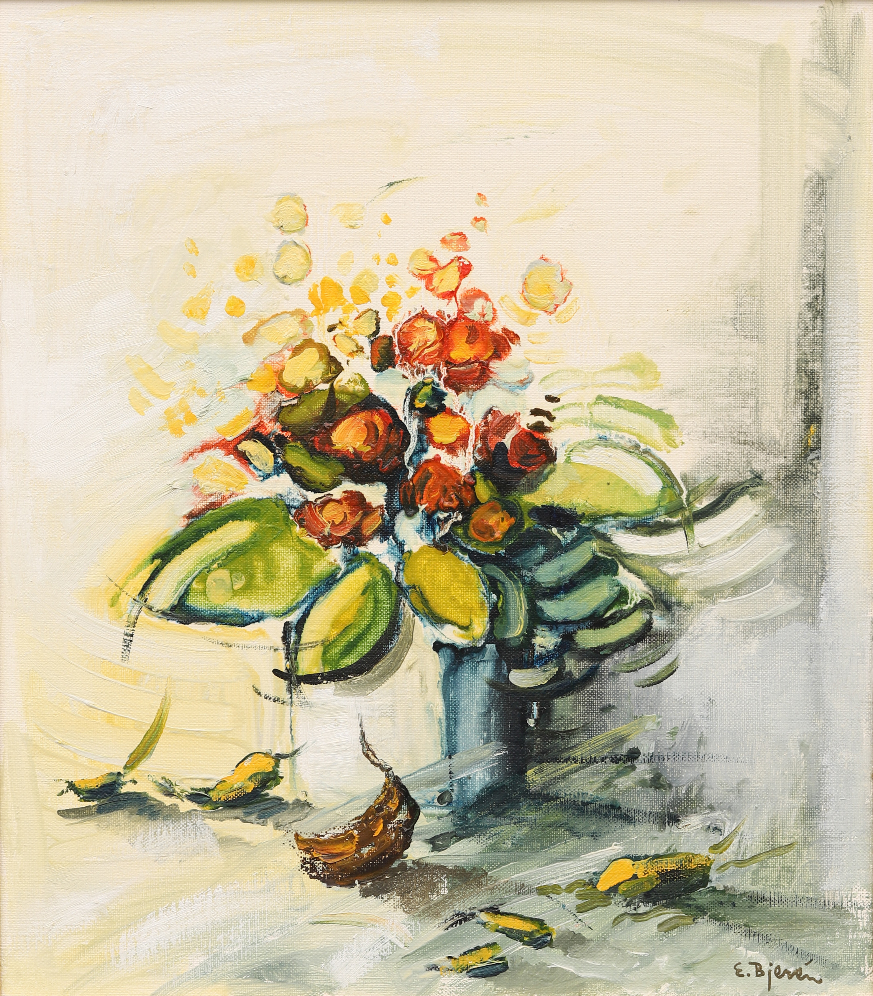 EKE BJERÉN. "Blomma i motljus", olja på duk, signerad.