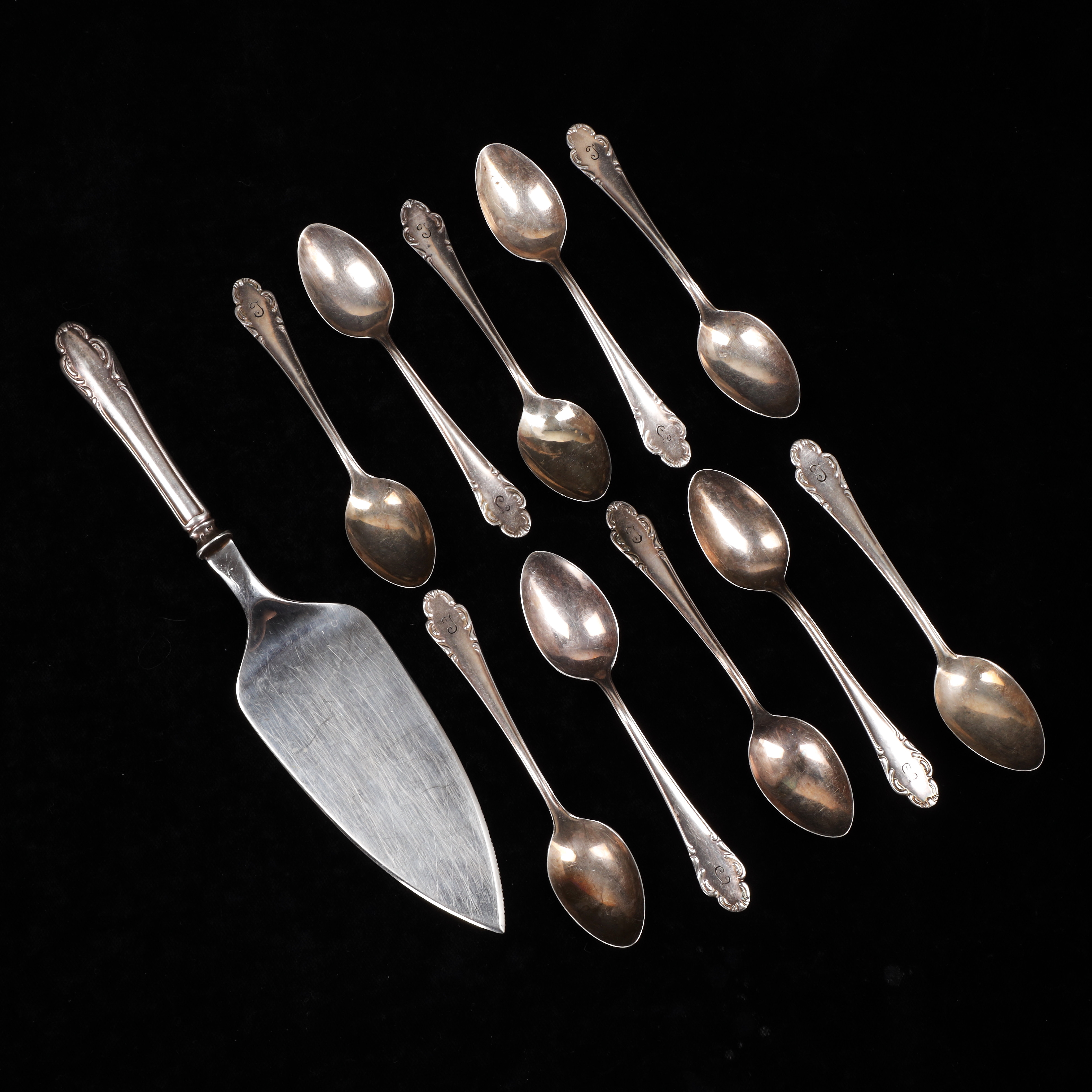 TÅRTSPADE OCH KAFFESKEDAR, silver, "Haga", totalvikt 219 gram.