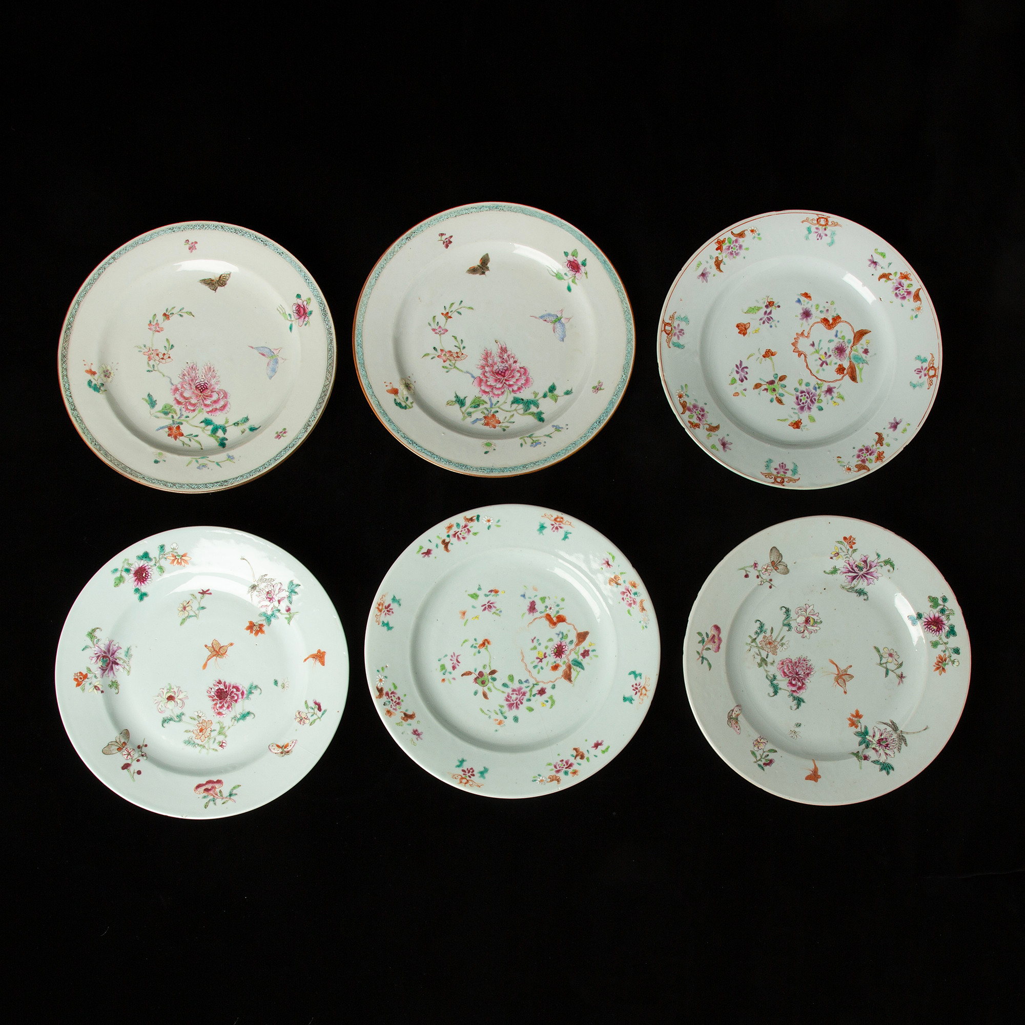 TALLRIKAR. 6 st, porslin, Kina, famille rose, 1700-tal.